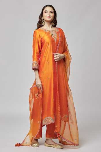 Solid Orange Kurta With Side Placket & 3/4Th Sleeve