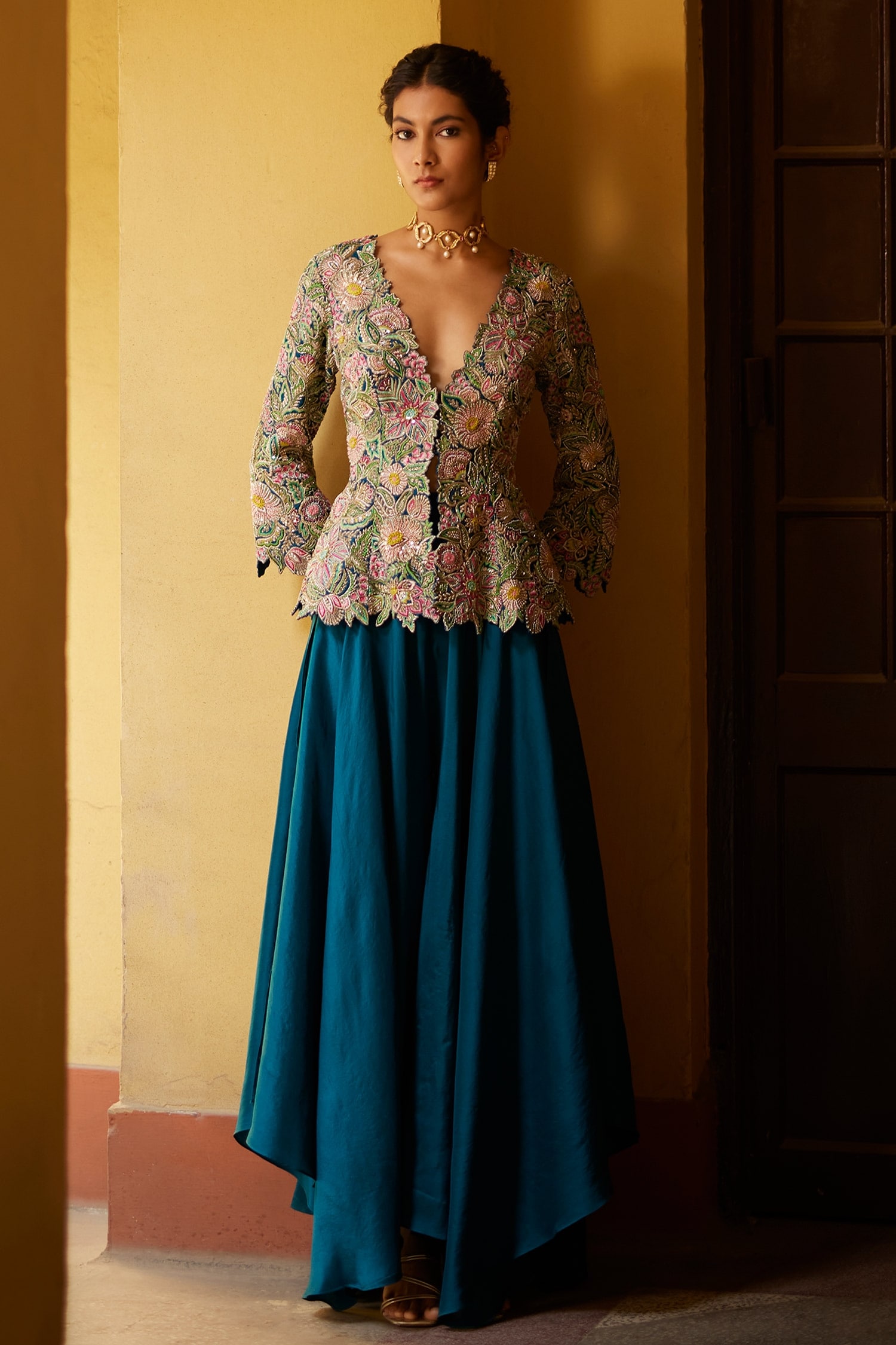 Mrunalini Rao Blue Jacket: Raw Silk Embroidered Resham And Peplum Flared Pant Set For Women