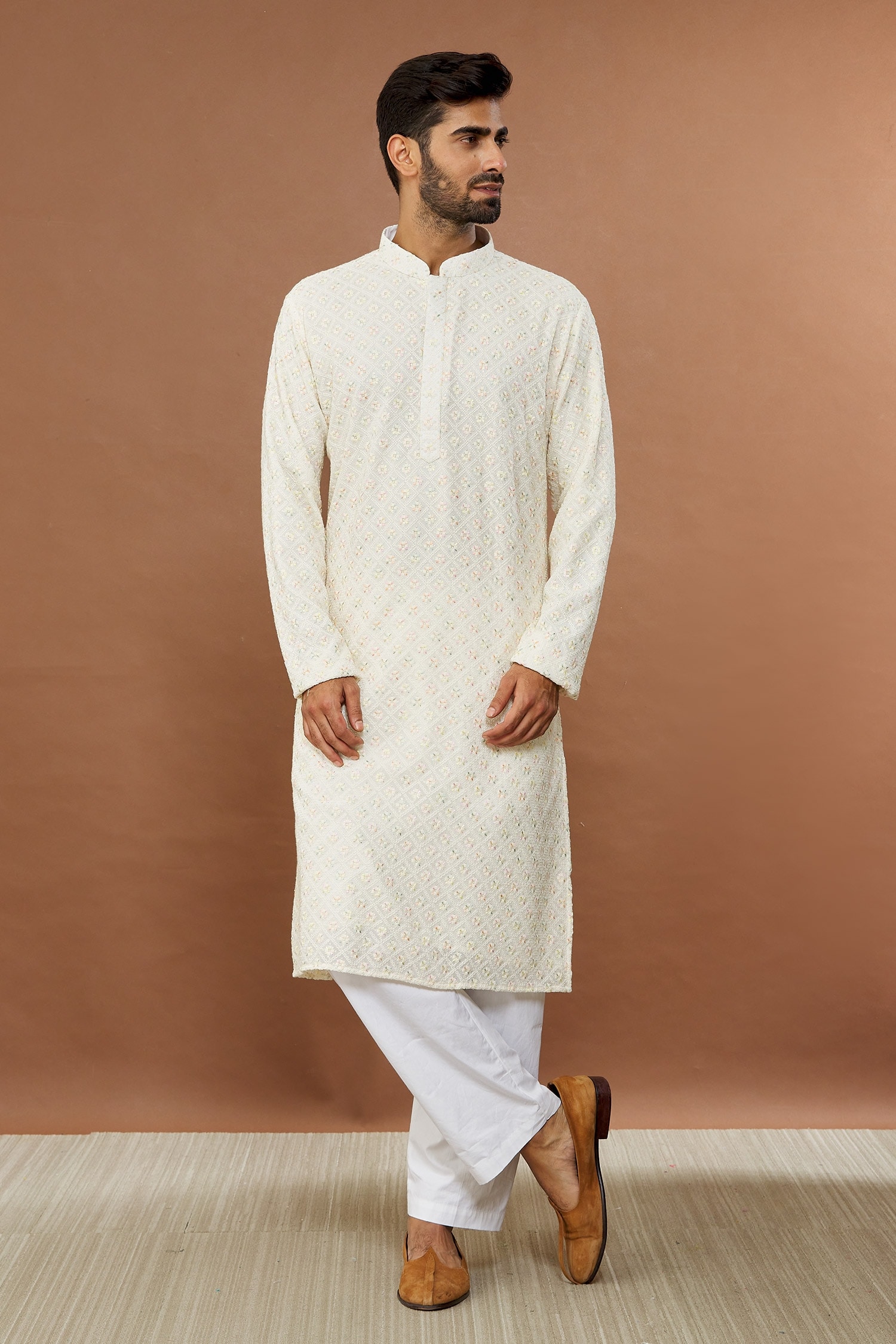 Buy Cream Cotton Embroidered Floral Mayur Kurta And Pyjama Set For