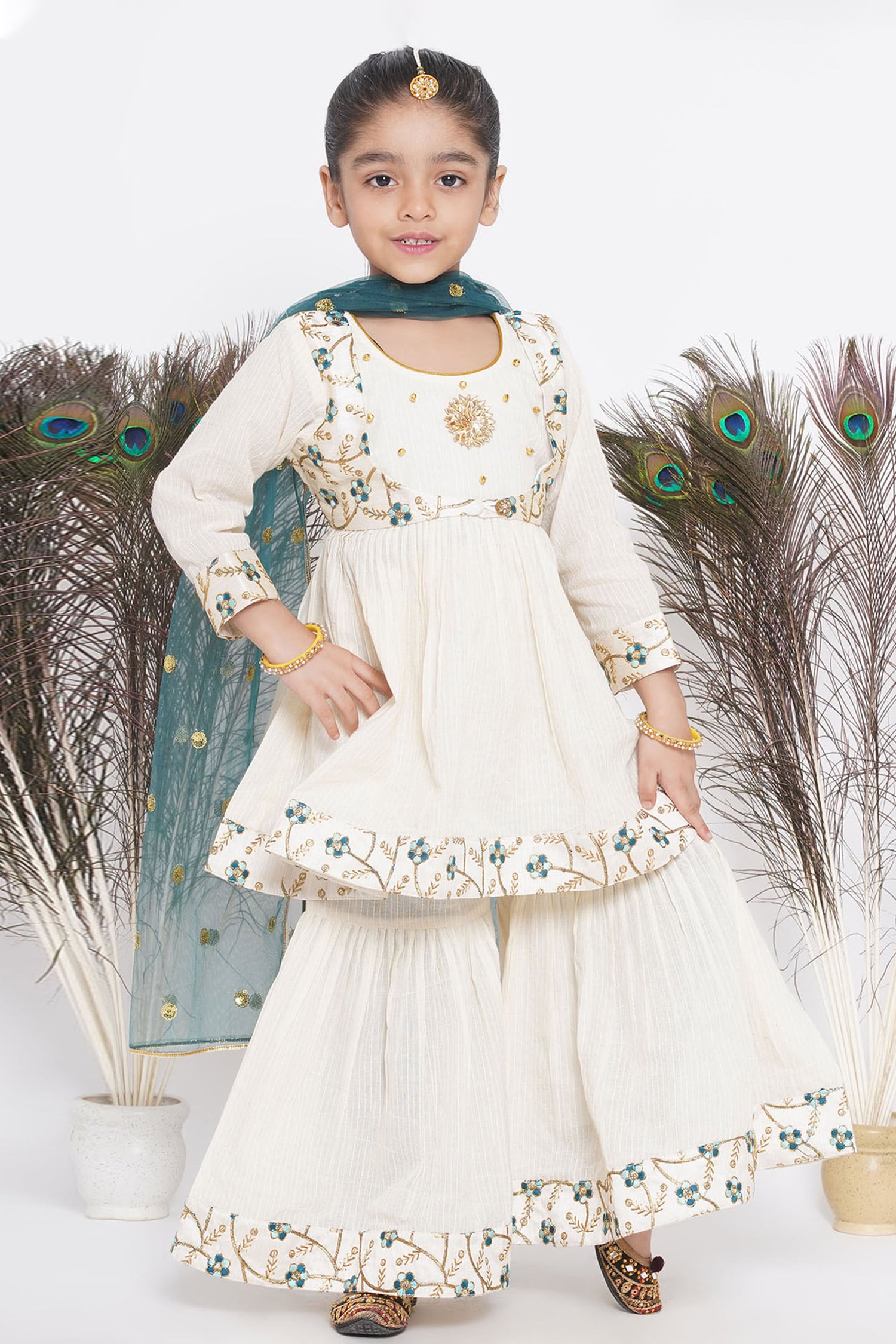 Buy Cream Cotton Hand Embroidered Floral Frock Kurta Sharara Set For Girls  by Little Bansi Online at Aza Fashions.