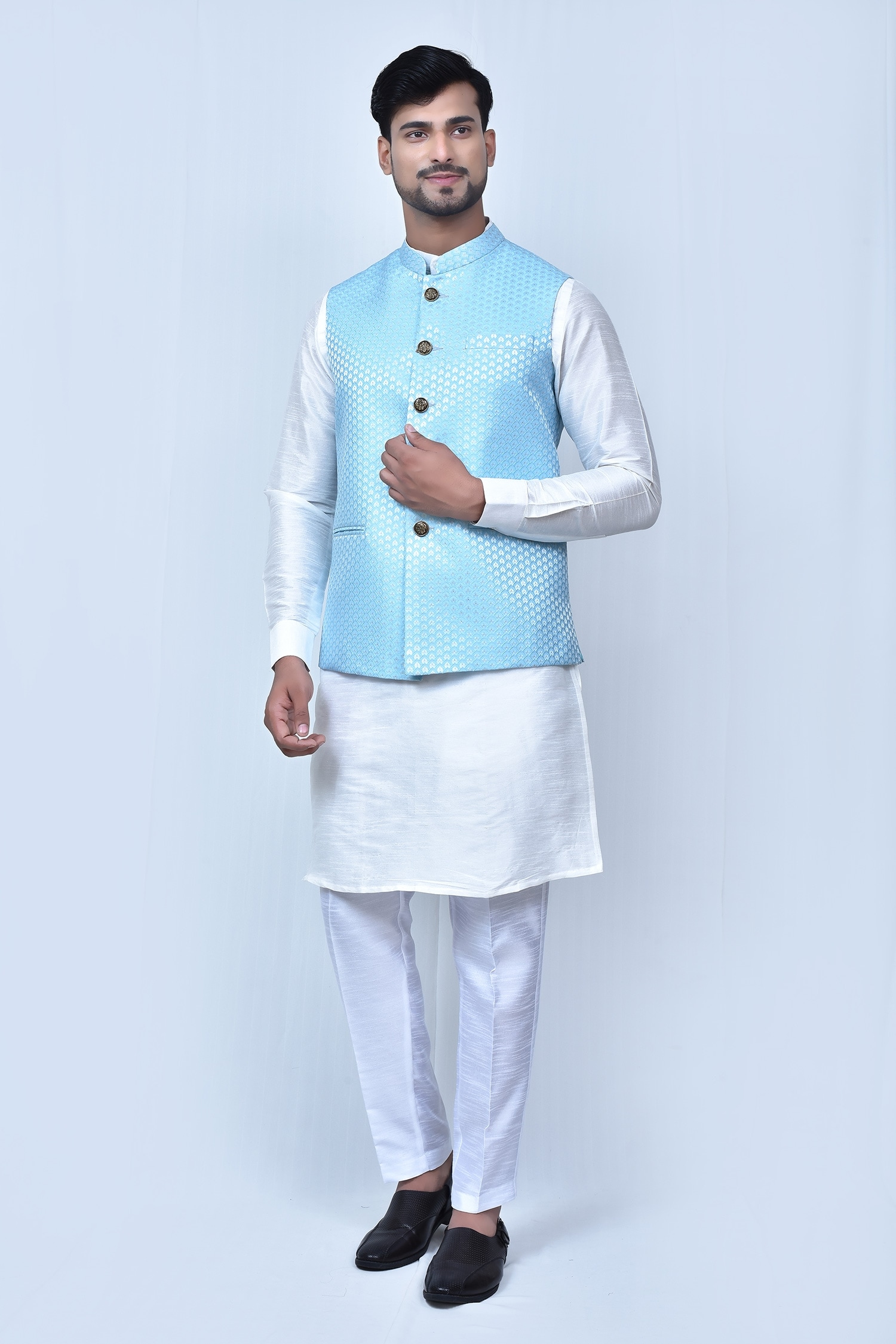 Khwaab by Sanjana Lakhani Sky Blue Kurta And Pant: Art Silk Woven Leaf Bundi & Off White Set For Men