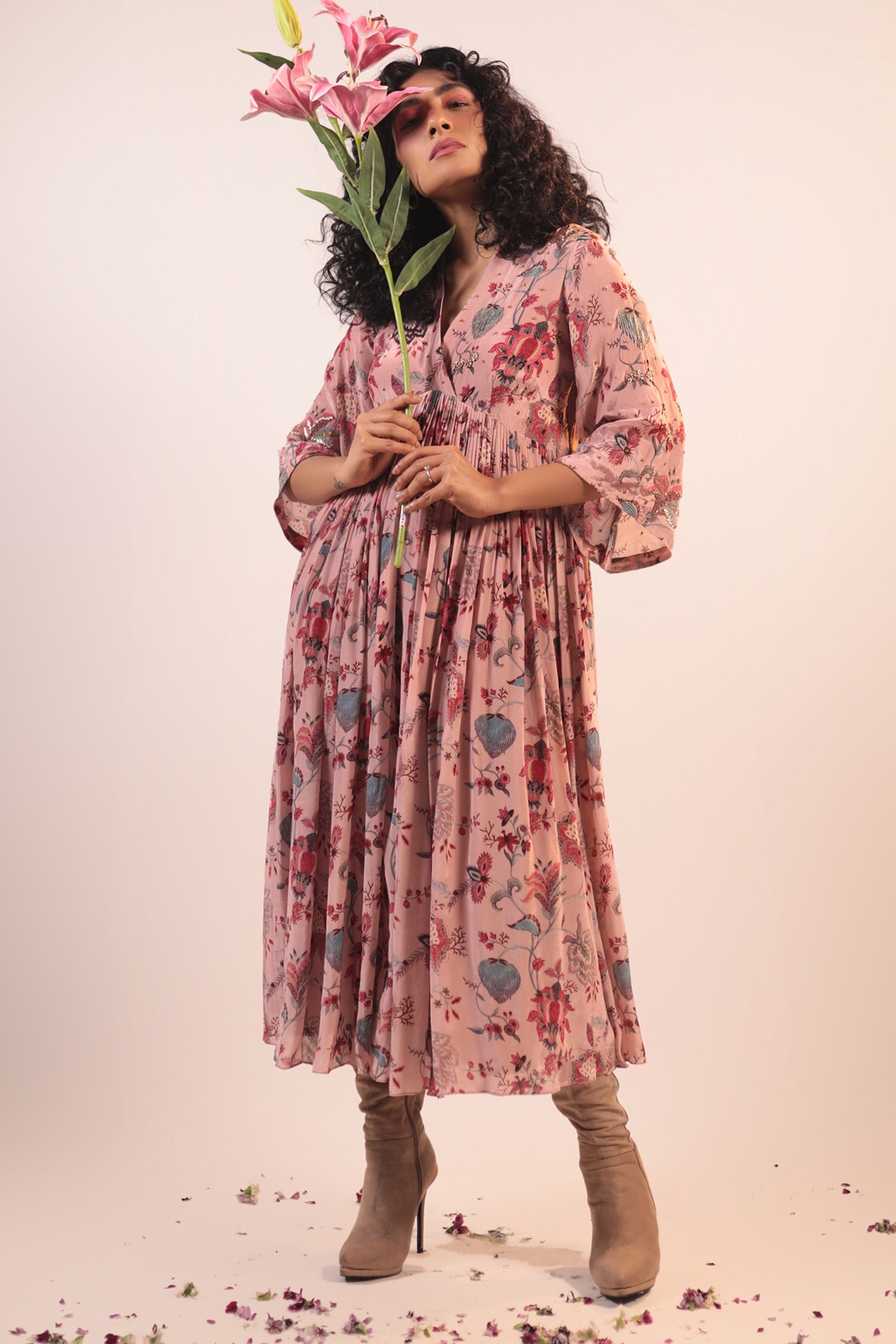 Buy Shristi Chetani Pink Crepe Floral Pattern Gather Detail Dress