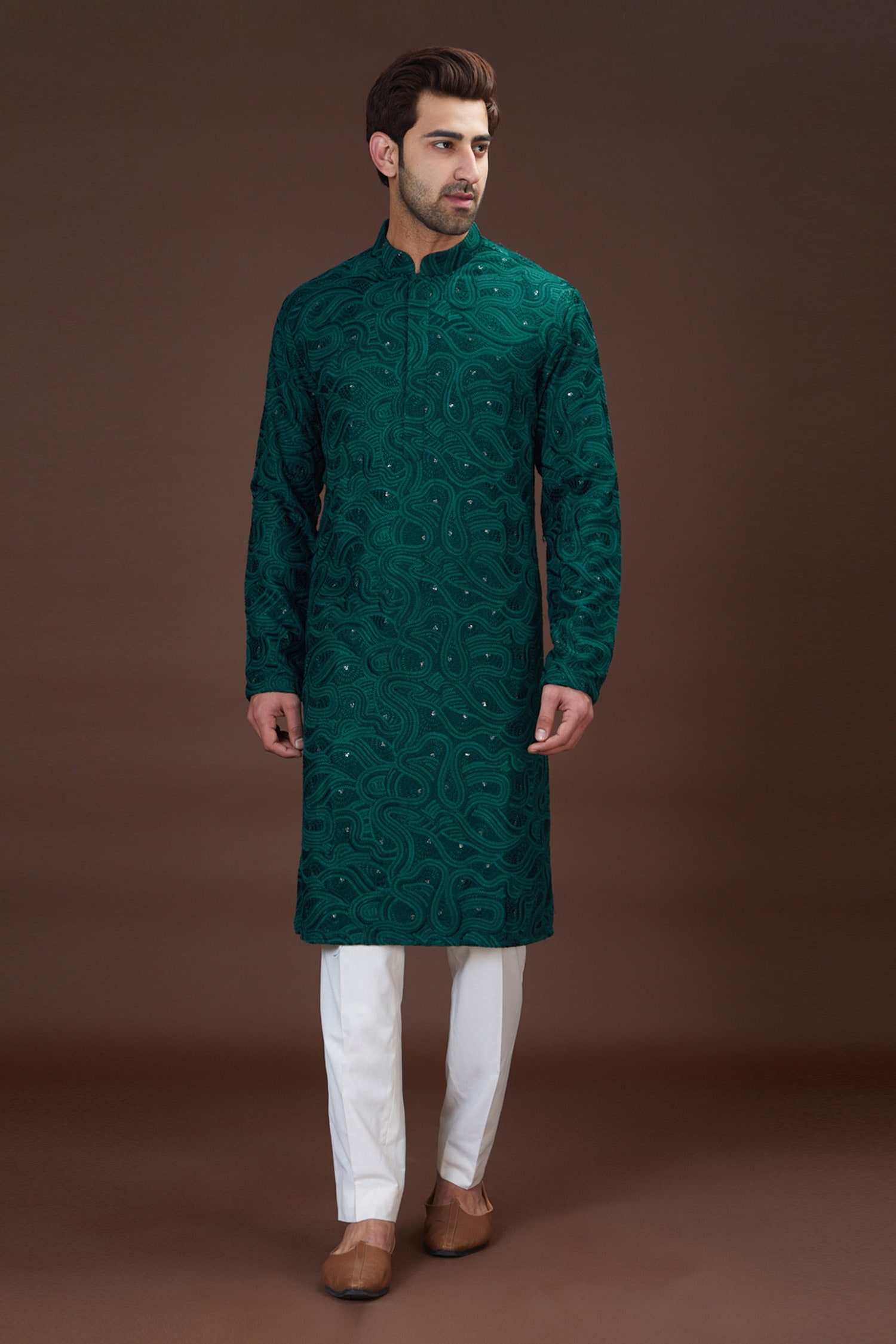 Buy Green Georgette Embroidered Thread Kurta For Men by Kasbah Online ...