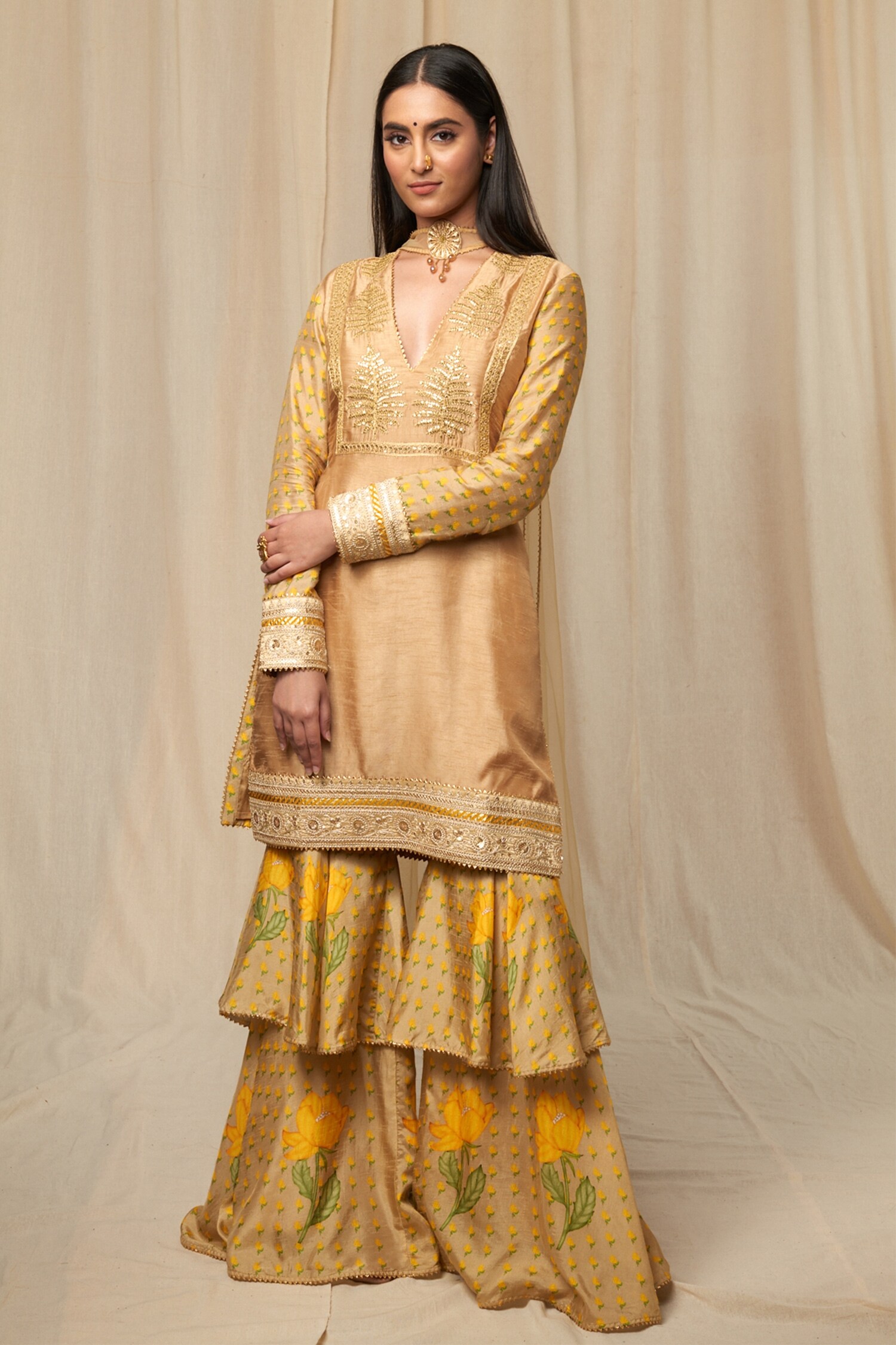 Buy Masaba Beige Raw Silk Wallflower Print Kurta Gharara Set Online