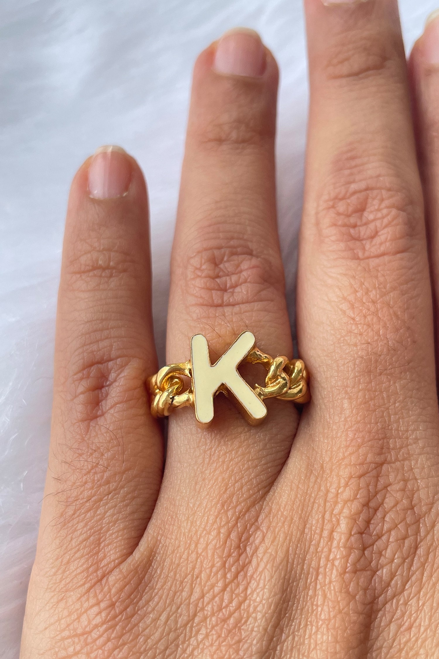Beaux Bijoux Alphabet Letter A, B, C, D, E, G, H, J, K, L M, N, P, R, S, T  Stackable Initial Hammered Band Ring 14K Gold Plated Sterling Silver Jewelry  for