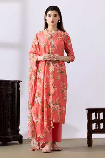 Pink Straight Kurta Set With Palazzo & Ikat Dupatta main image 1