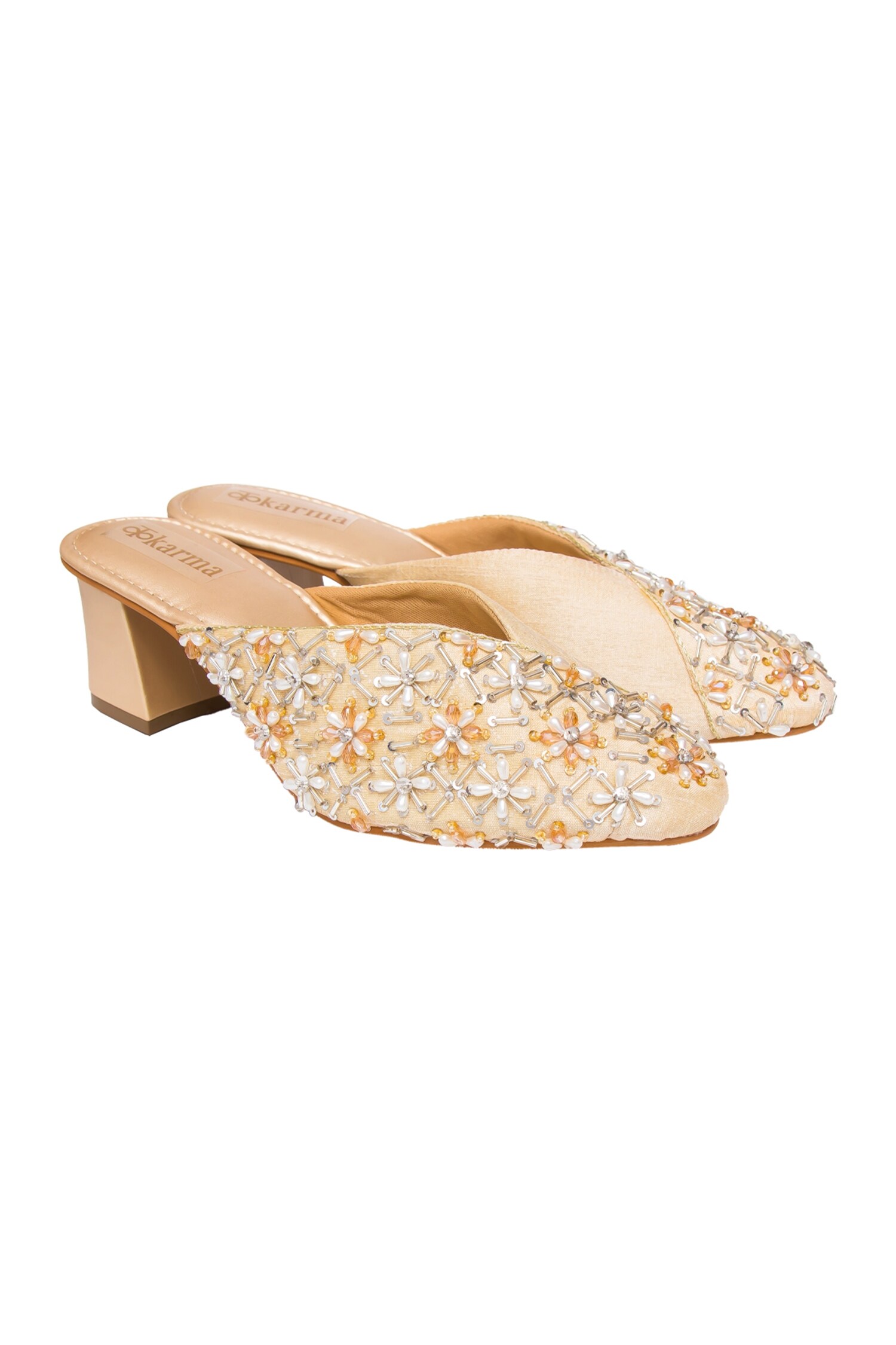 Kkarma Gold Silk Charvi Embroidered Mule Block Heels