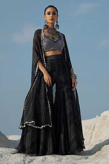 Women Black Crop Top With Tiered Sharara And Emb Cape