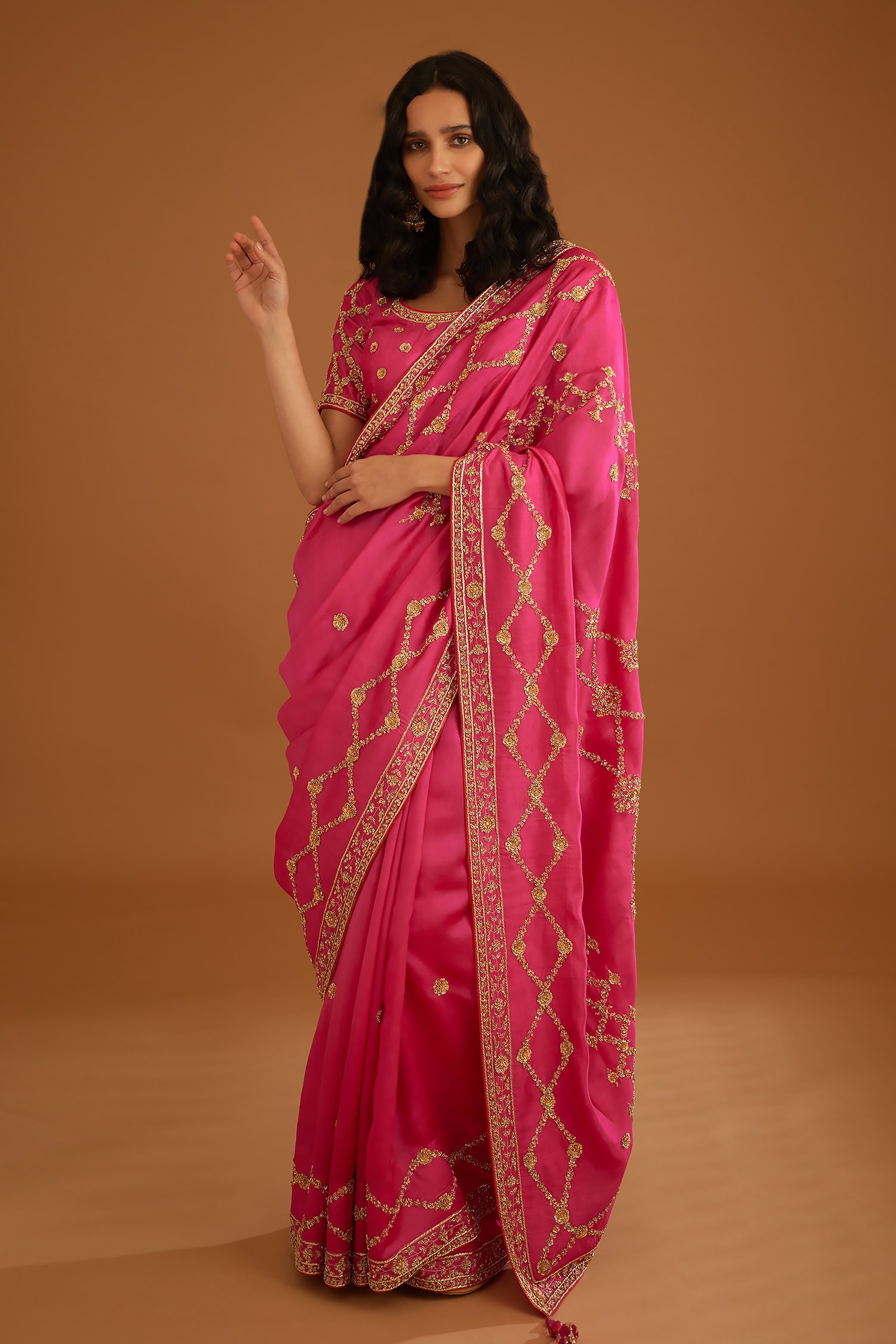 Shyam Narayan Prasad Pink Dupion Silk Zardozi Work Saree With Blouse