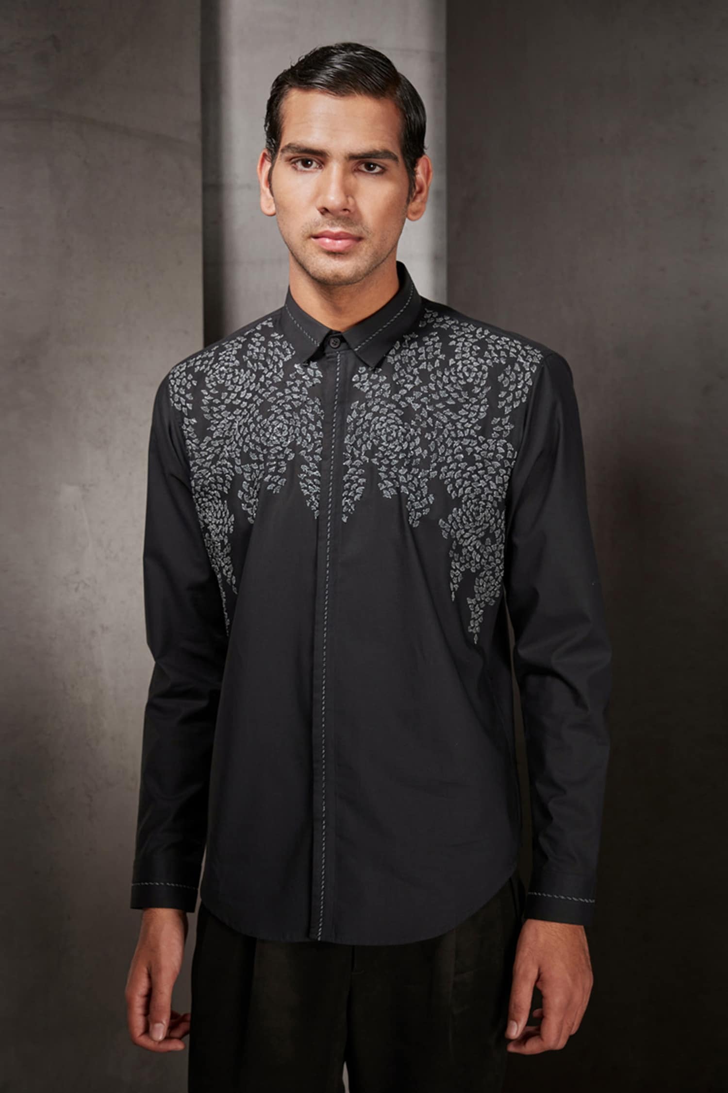 Buy Black Cotton Embroidered Thread Work Shirt For Men by Rohit Gandhi ...