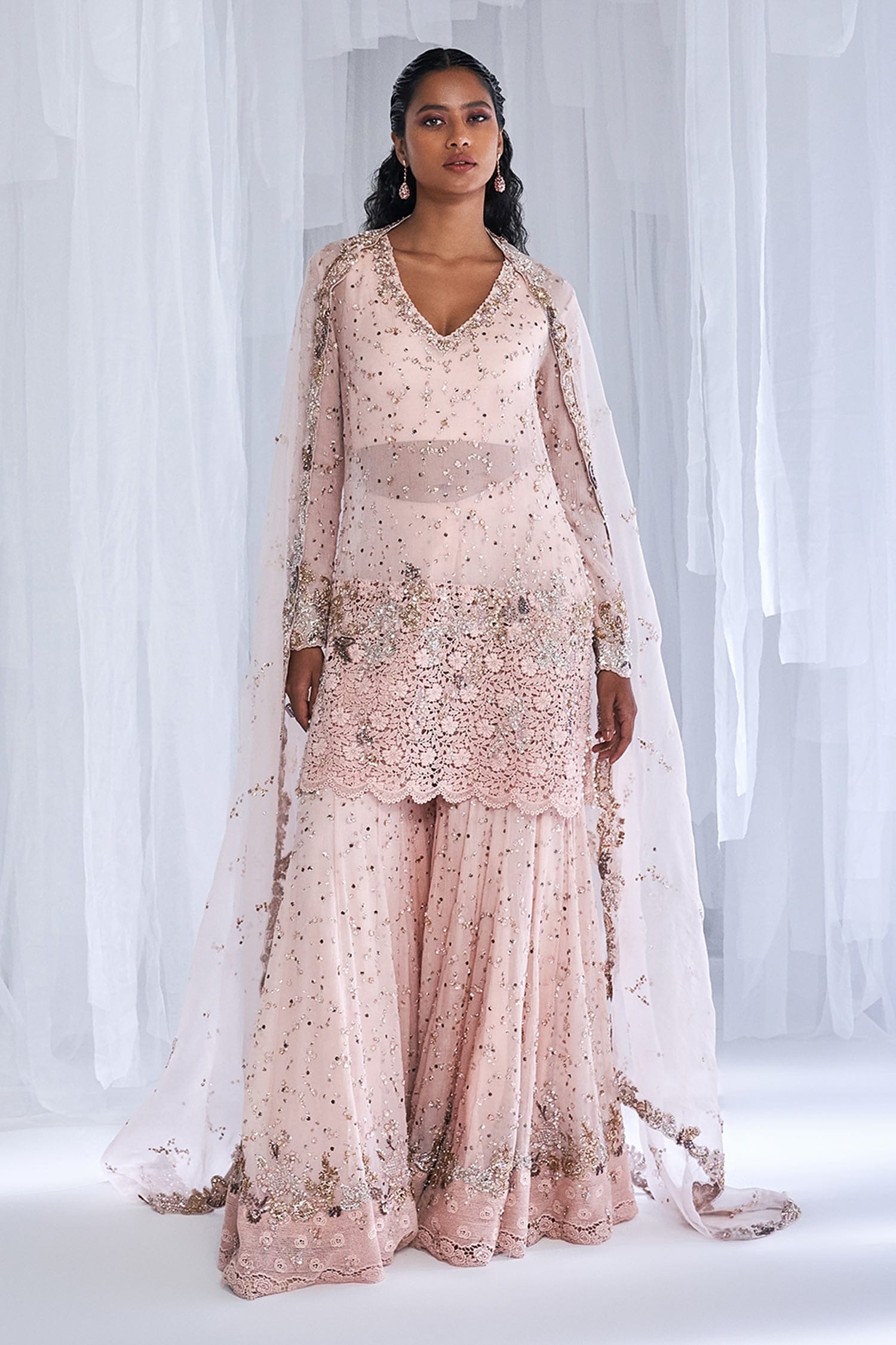 Buy Dolly J Pink Oia Chiffon Embroidered Kurta Sharara Set Online Aza