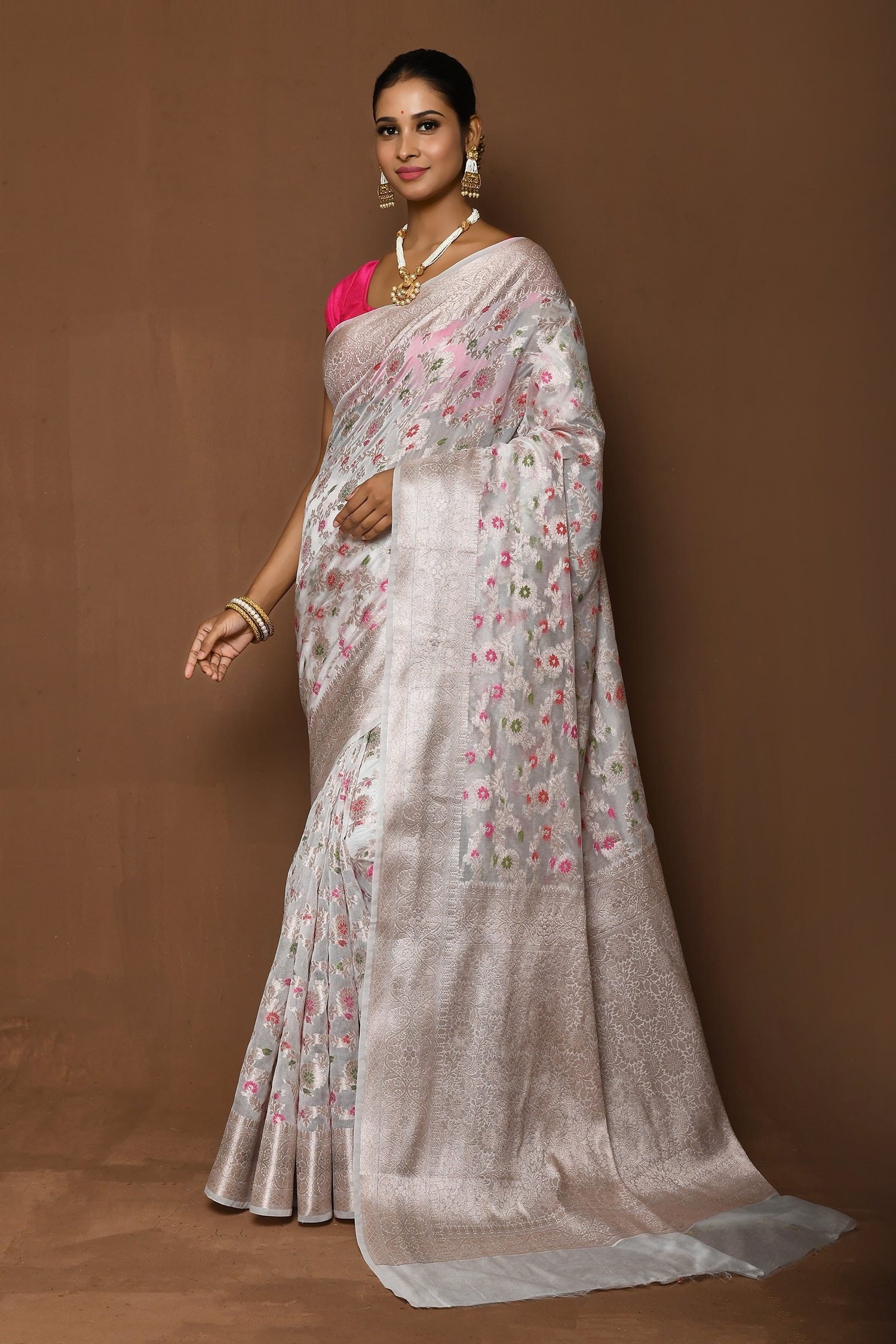 Khwaab by Sanjana Lakhani White Banarasi Silk Woven Floral Saree For Women