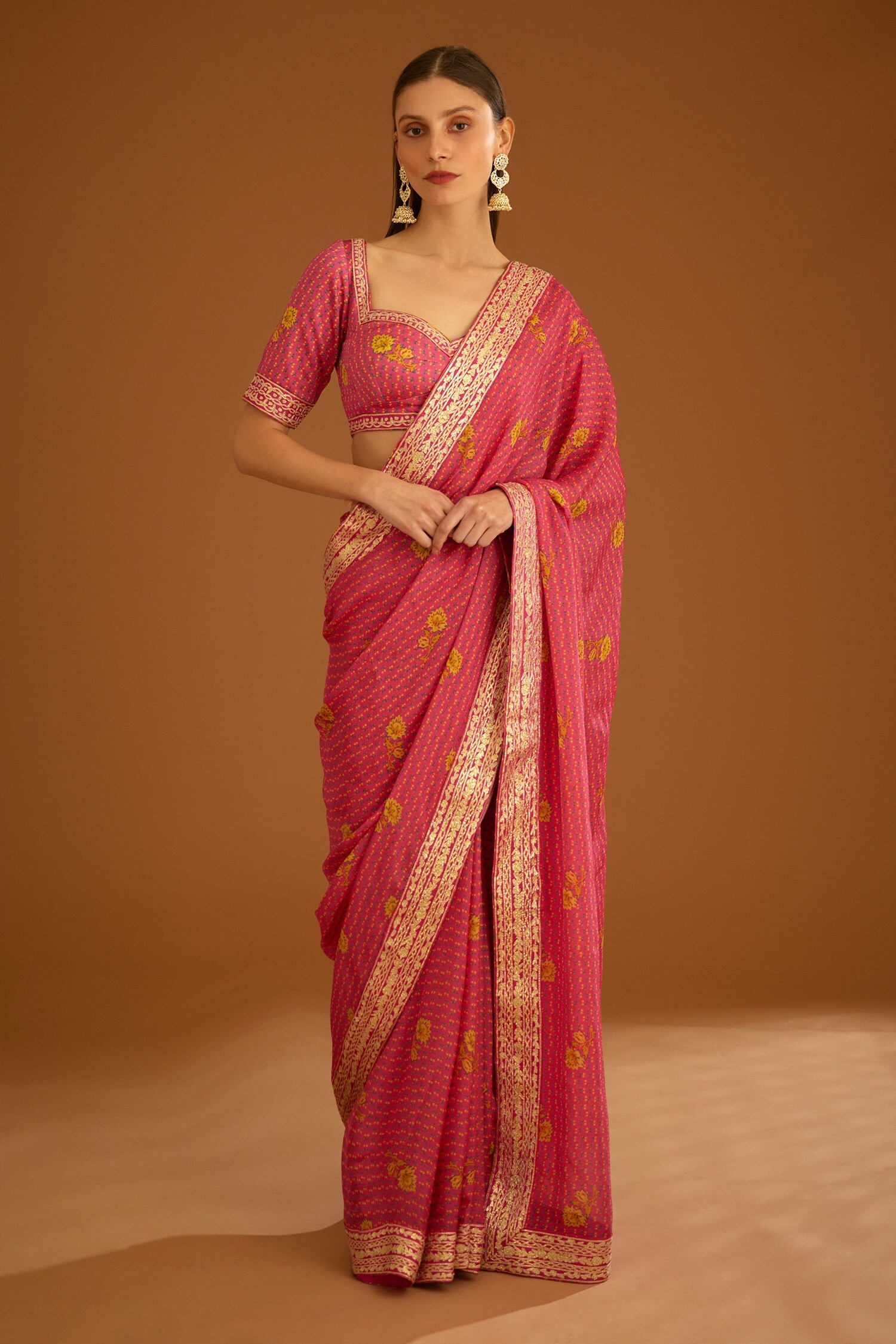 Shyam Narayan Prasad Pink Modal Satin Floral Print And Gota Work Saree With Blouse