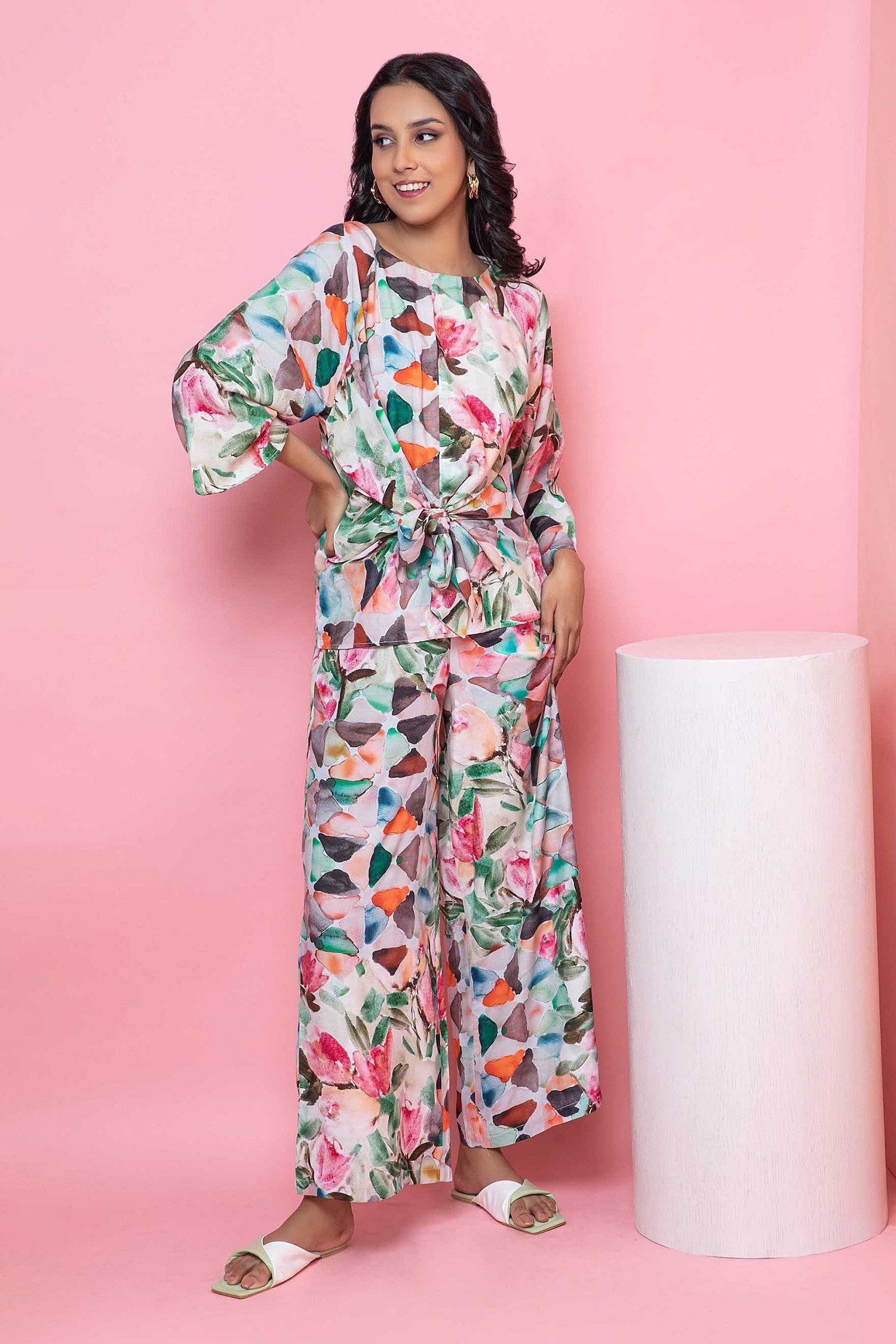 Buy Green Rayon Printed Pastel Floral Round Knotted Top And Pant Set