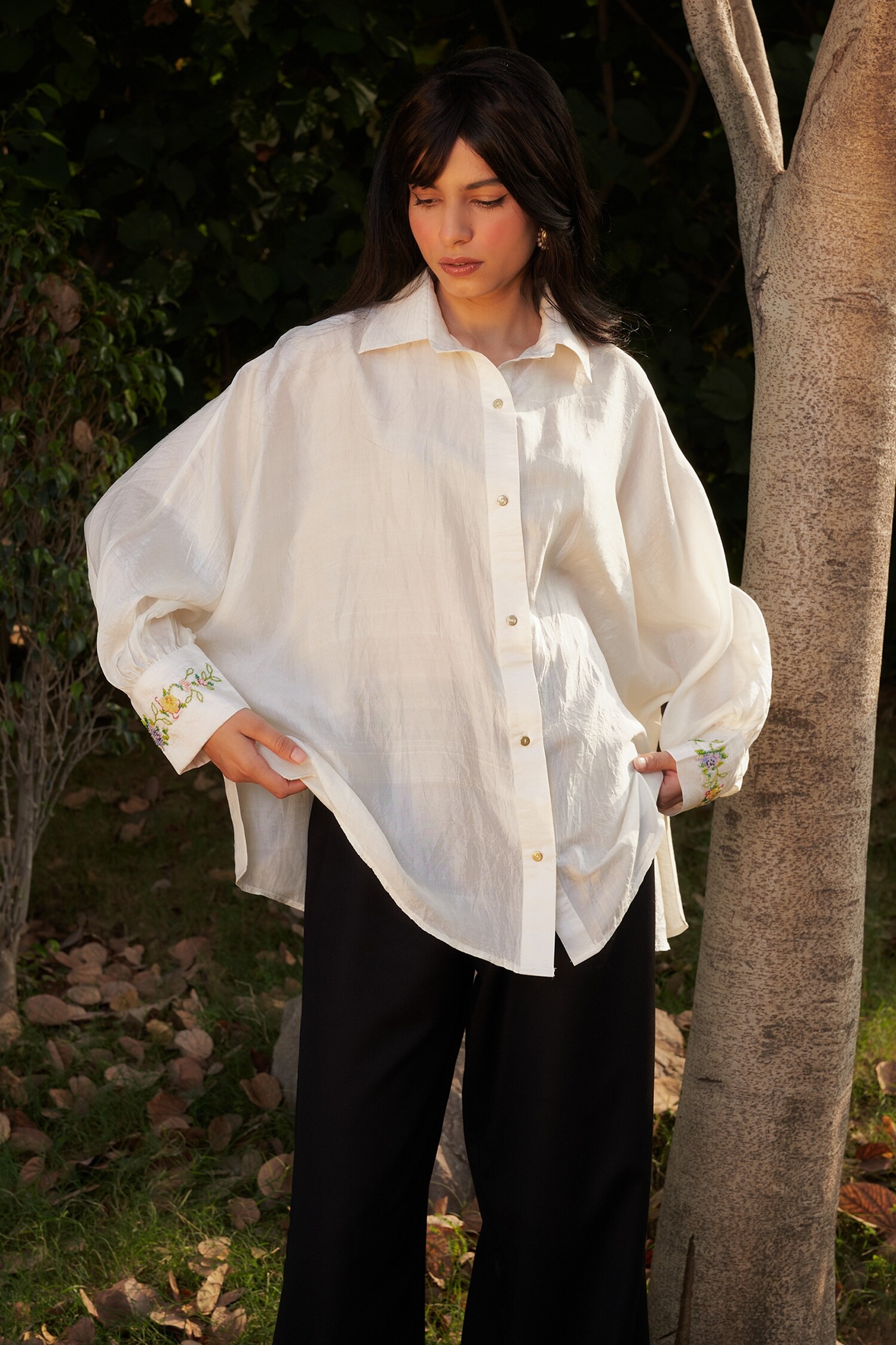 Buy Ivory Mulberry Silk Embroidered Cross Stitch Spread Oversize Shirt ...