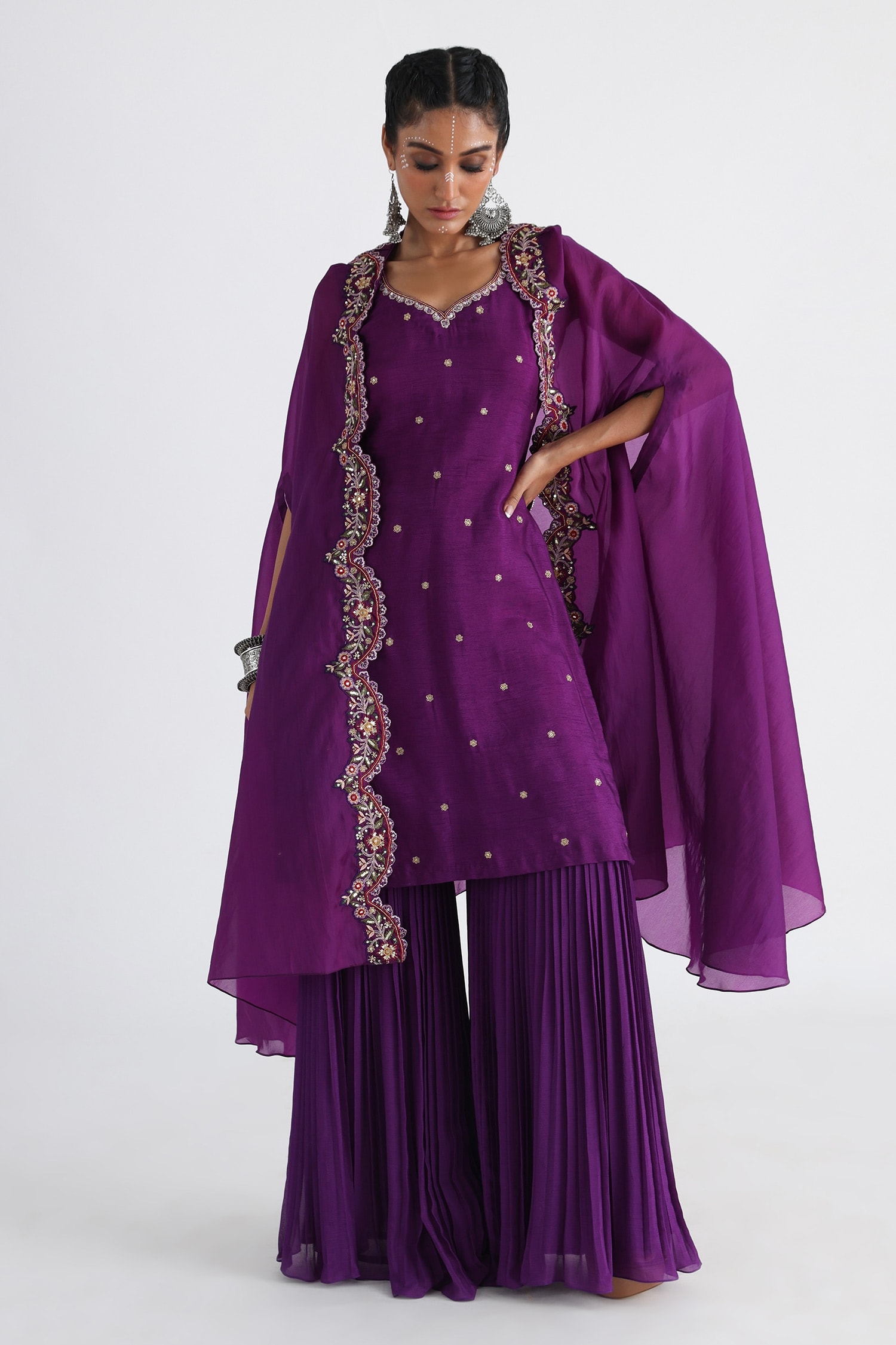 Buy Purple Kurta- Bam Silk And Taffeta Rania Sharara Set With Scalloped ...
