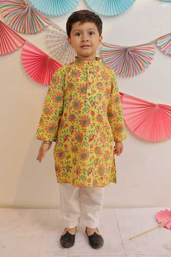 Campana Boys Palash Kurta Pyjama Set - Small Motif Print - Turquoise & White main image 1