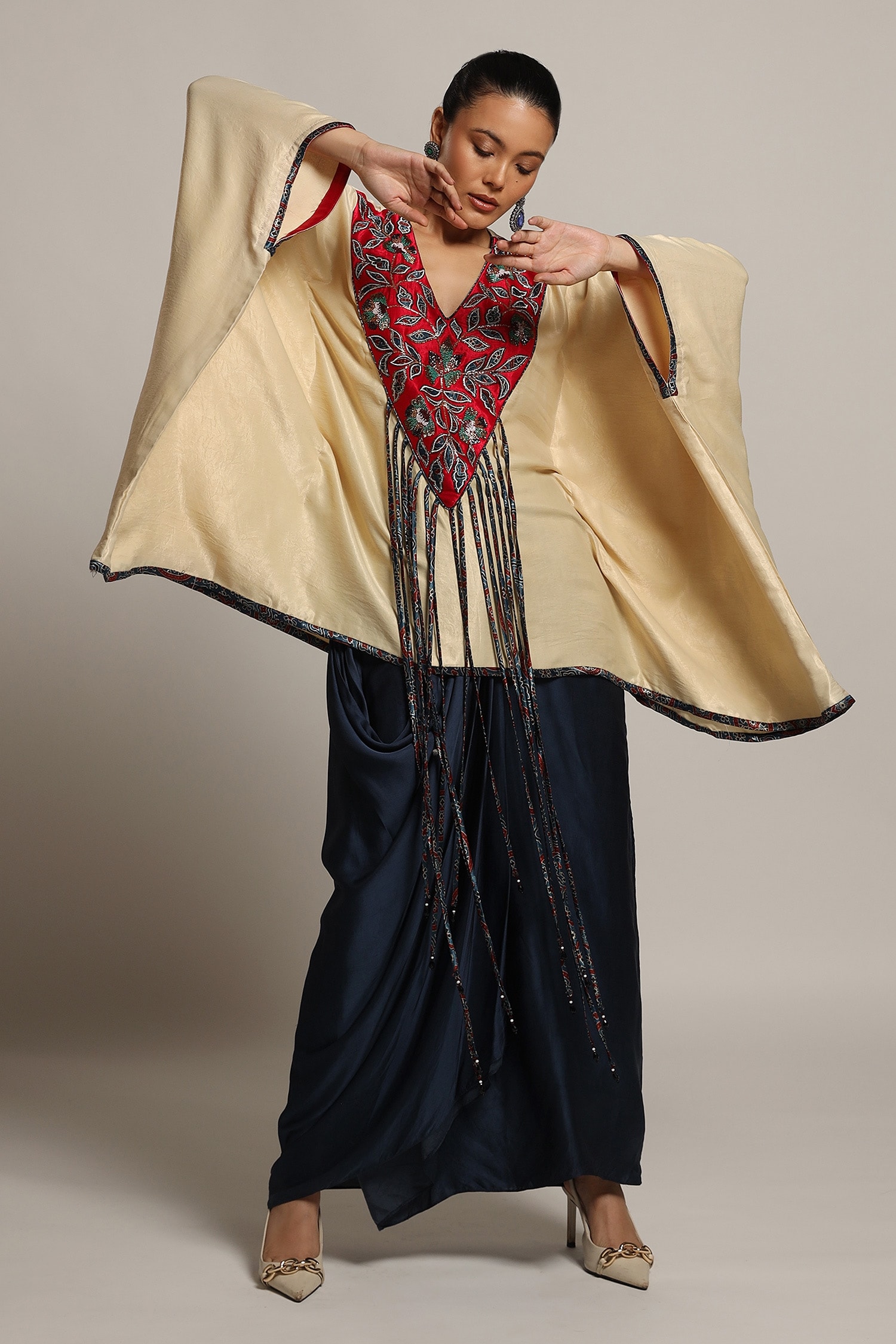 Sejal Kamdar Beige German Satin Flower Vine Yoke Embellished Kaftan With Skirt