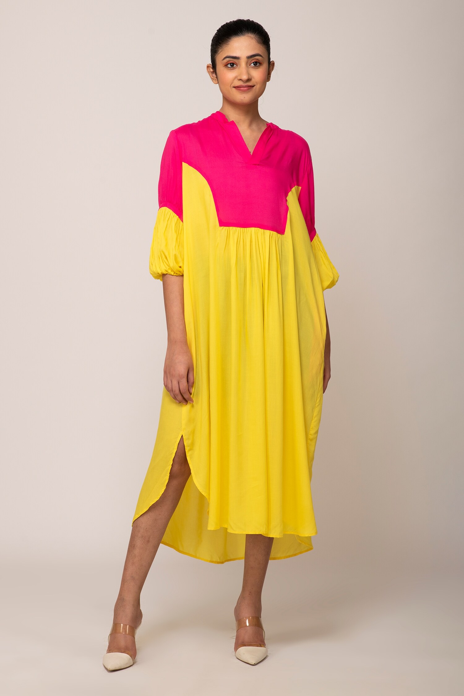 Buy Yellow Cotton Modal Chinese Collar Kamli Color Block Yoke Dress For