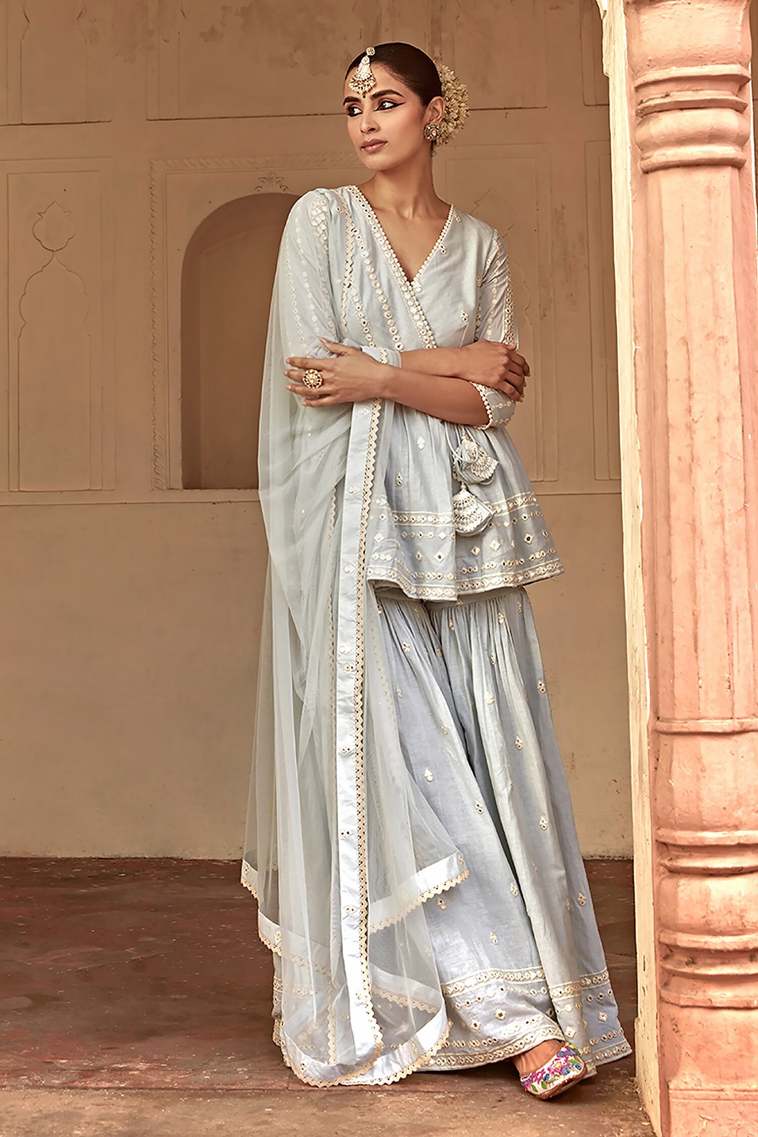 Buy Blue Peplum Top Cotton Mulmul Embroidery Thread Mirror Angrakha Set