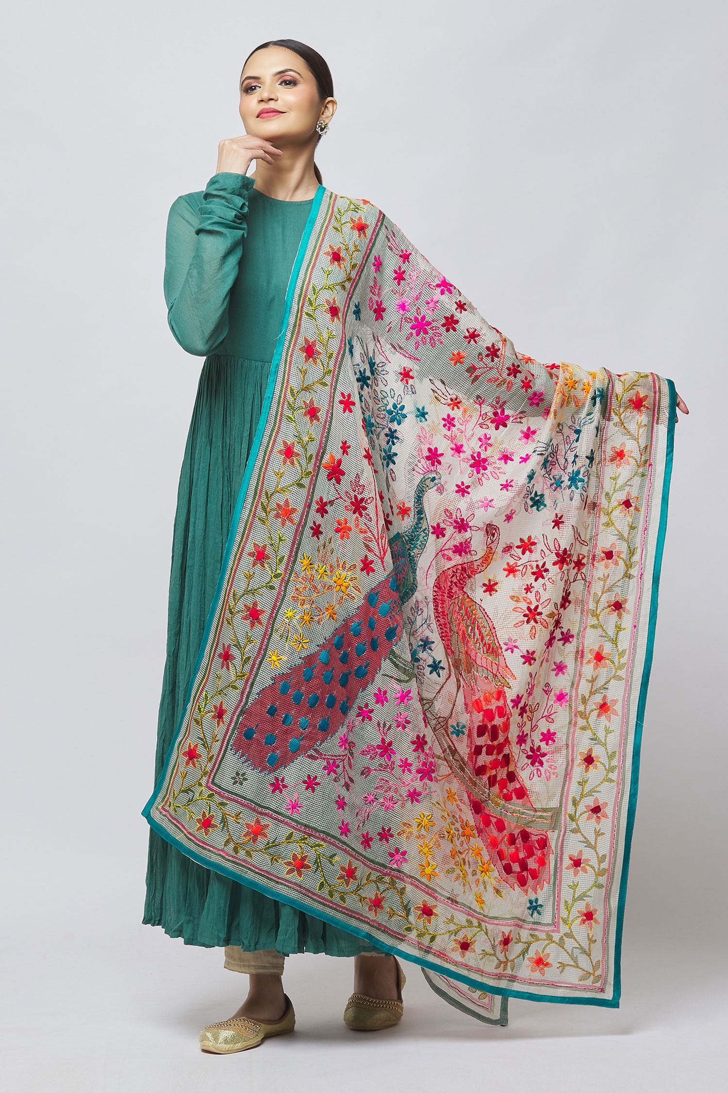 Buy Samyukta Singhania Multi Color Cotton Silk Daisy And Peacock ...