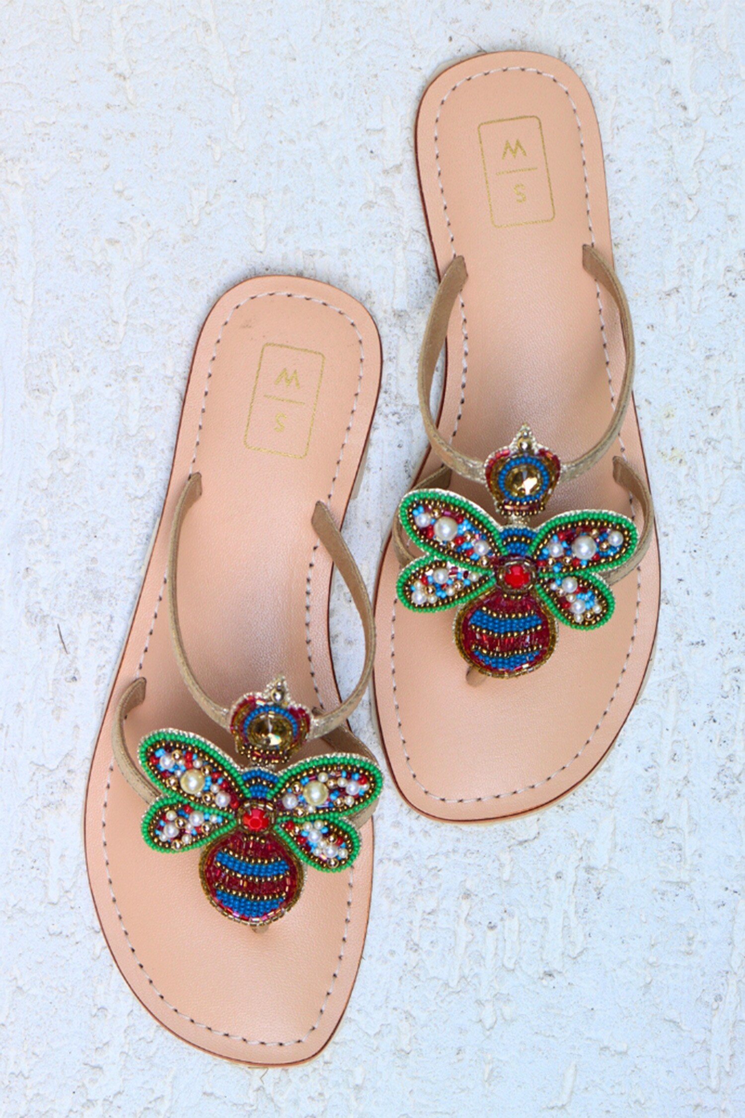 Sandalwali Multi Color Leather Queen Bee And Pearl Embroidered Sandals