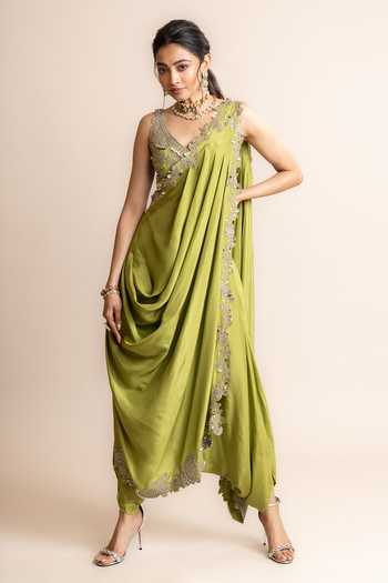 Charming Green Silk Embroidered Festive Dhoti Style Suit
