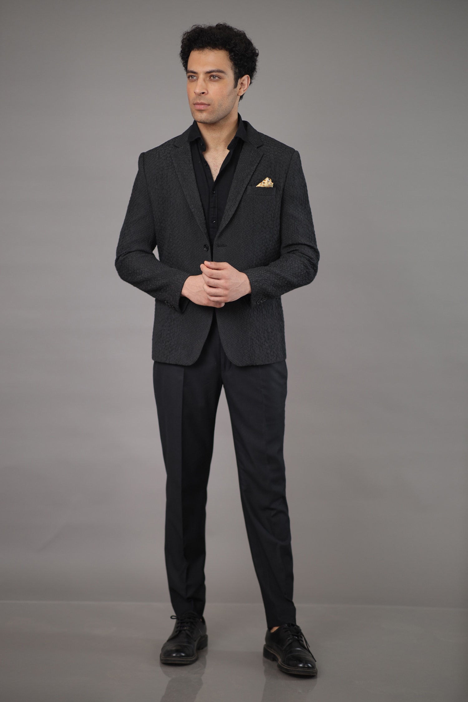 Buy Black Blazer Textured Jacquard Spread Collar And Pant Set For Men ...