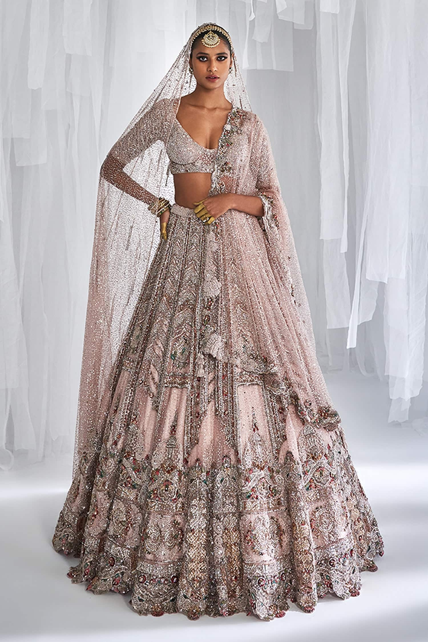 Buy Pink Tulle Embroidered Pearls Alyssa Shimmer Bridal Lehenga Set For ...