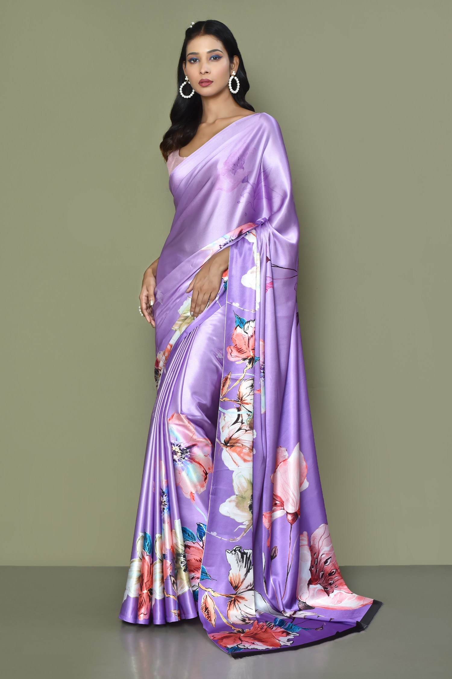 Naintara Bajaj Purple Pure Satin Crepe Printed Floral Saree With Running Blouse For Women