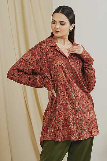 Autumn Red Chanderi Blouse - Size Extra Small