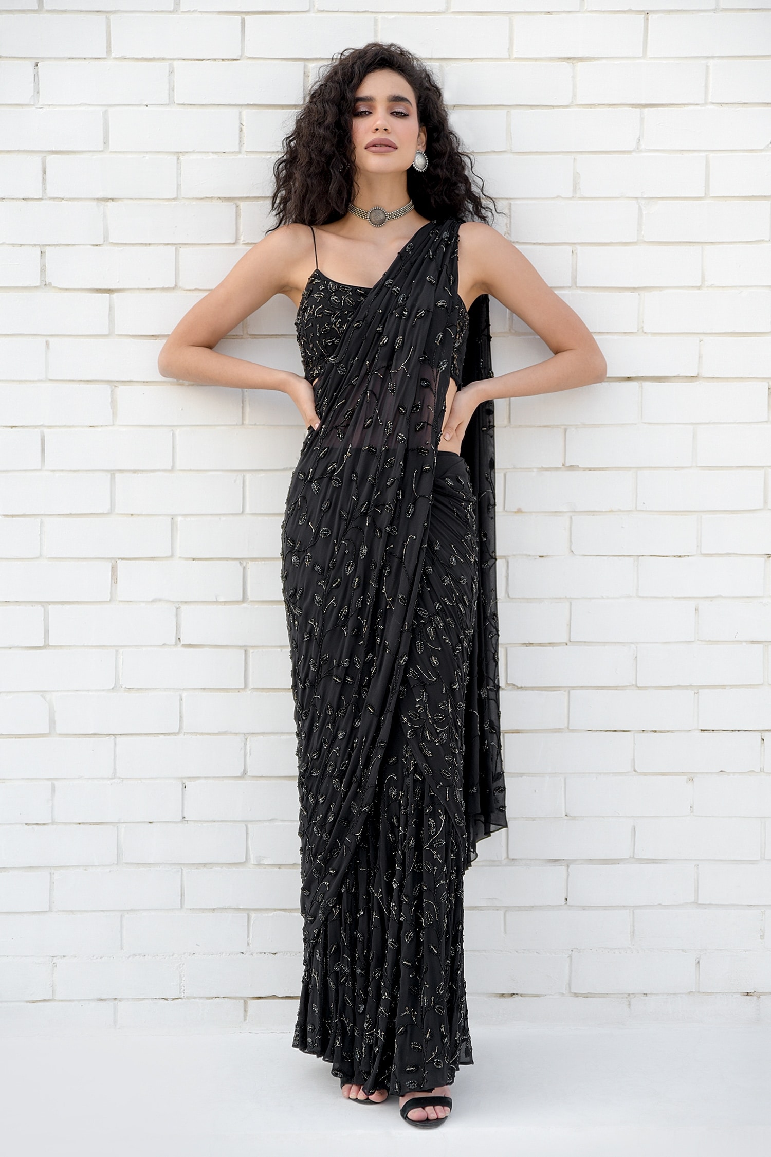 Buy Talking Threads Black Silk Georgette Crystal Embellished Saree Gown 