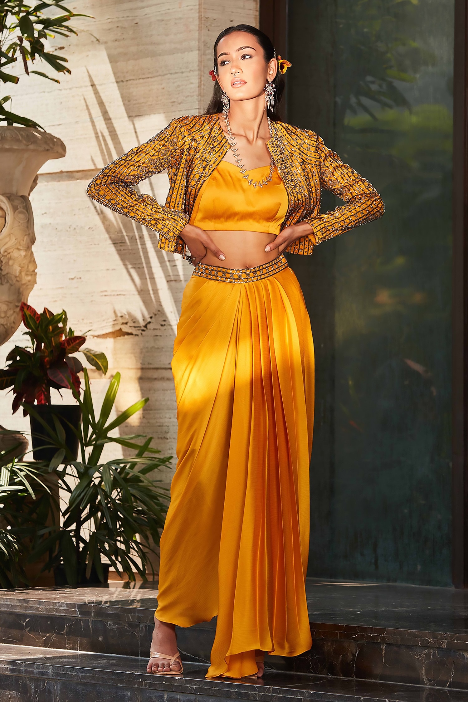 Bohame Yellow Satin Chiffon Aminah Embellished Pleated Skirt Set For Women