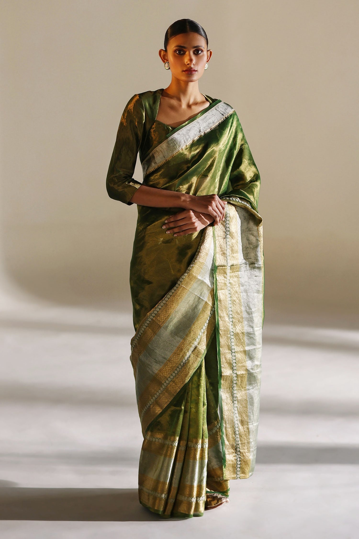 Mimamsaa Green Pearl Tissue Silk Woven Saree