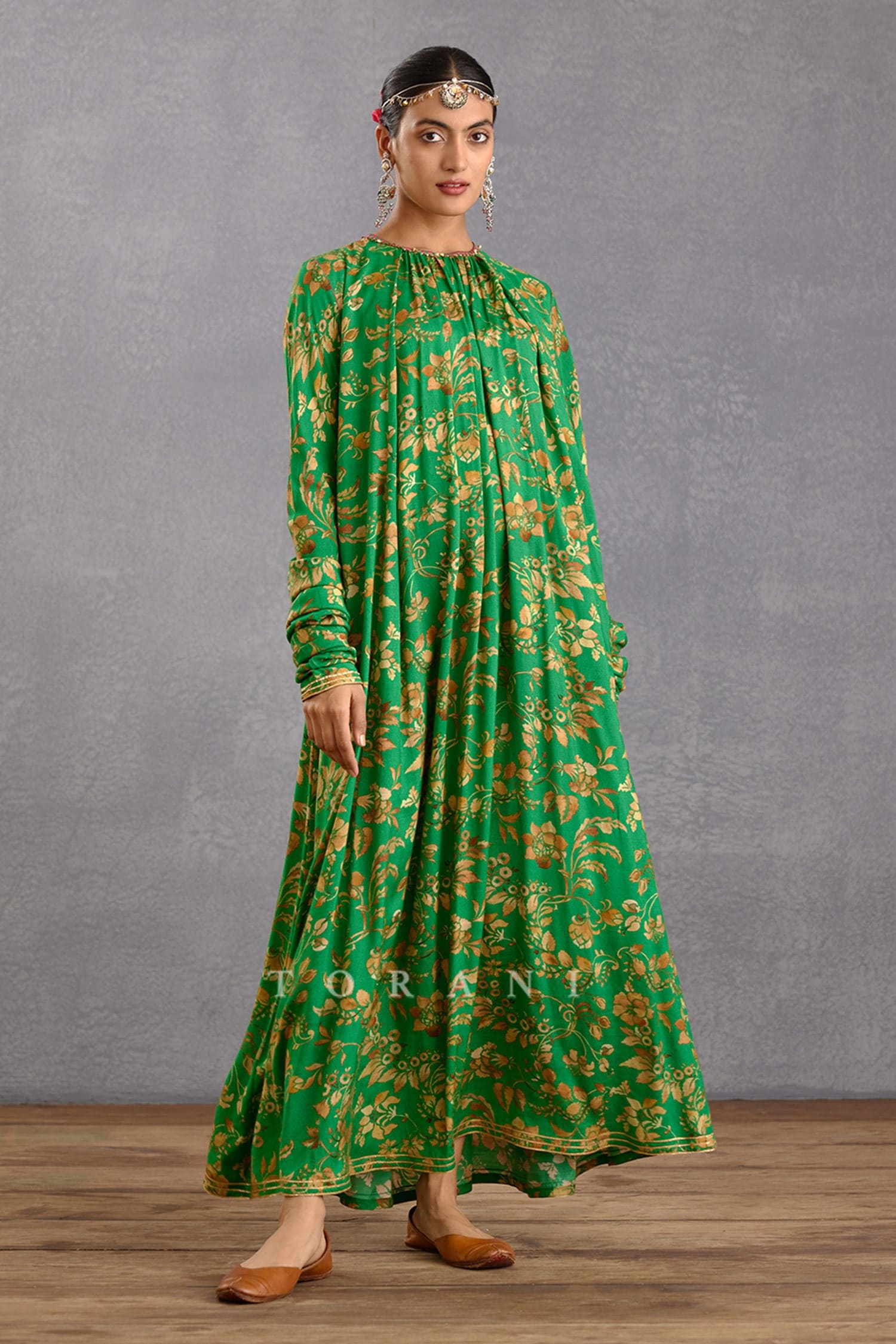 Buy Green Slub Silk Print Digital Bhagalpuri Rang Naaz Amrut Maxi Dress ...