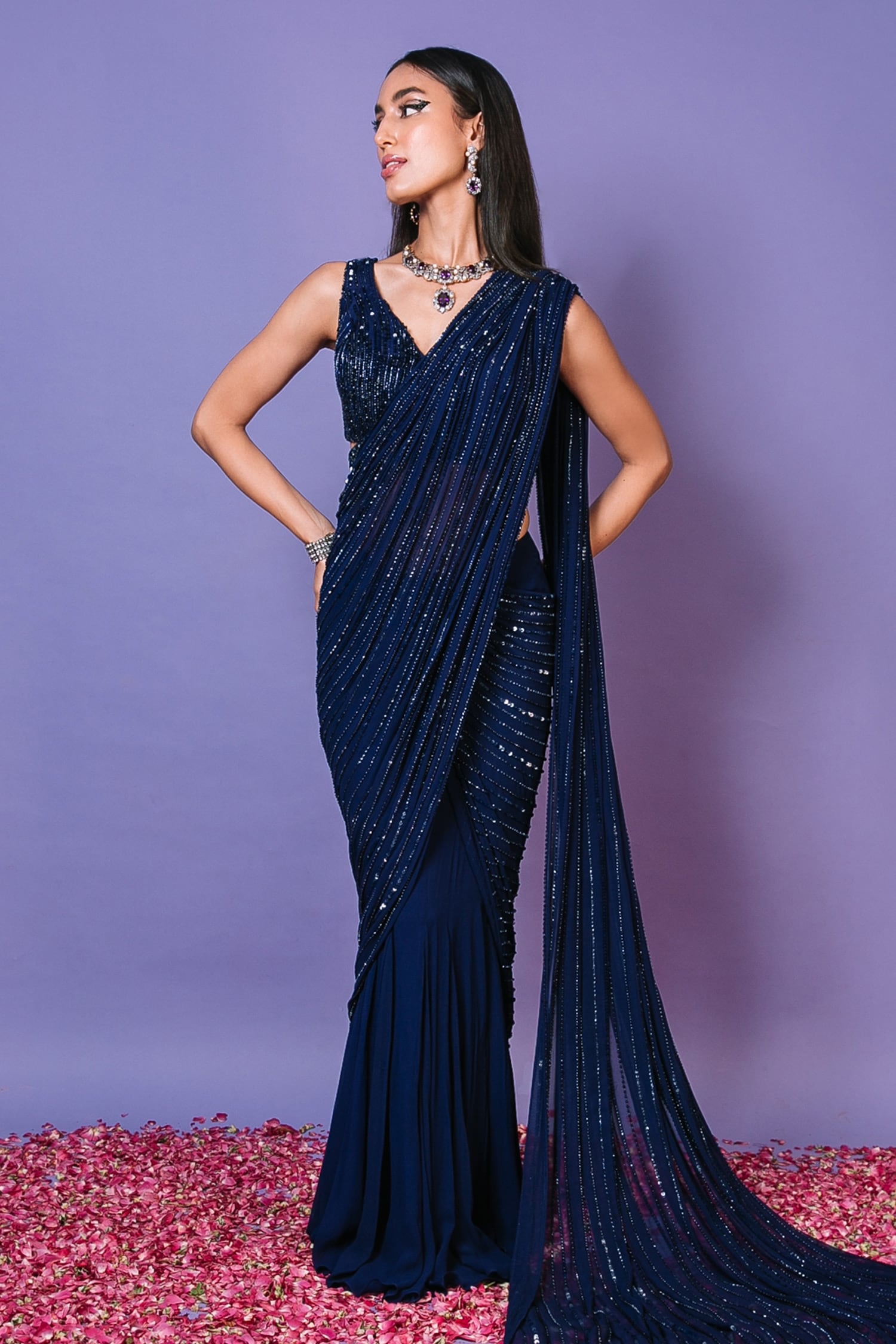 Buy Pritika Vora Blue Embroidered Cocktail Pre-draped Saree With Blouse ...