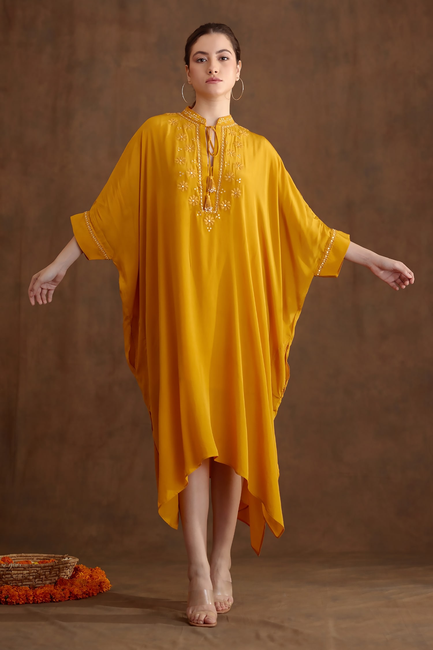 Nikasha Yellow Viscose Crepe Mirror Yoke Embroidered Kaftan Dress