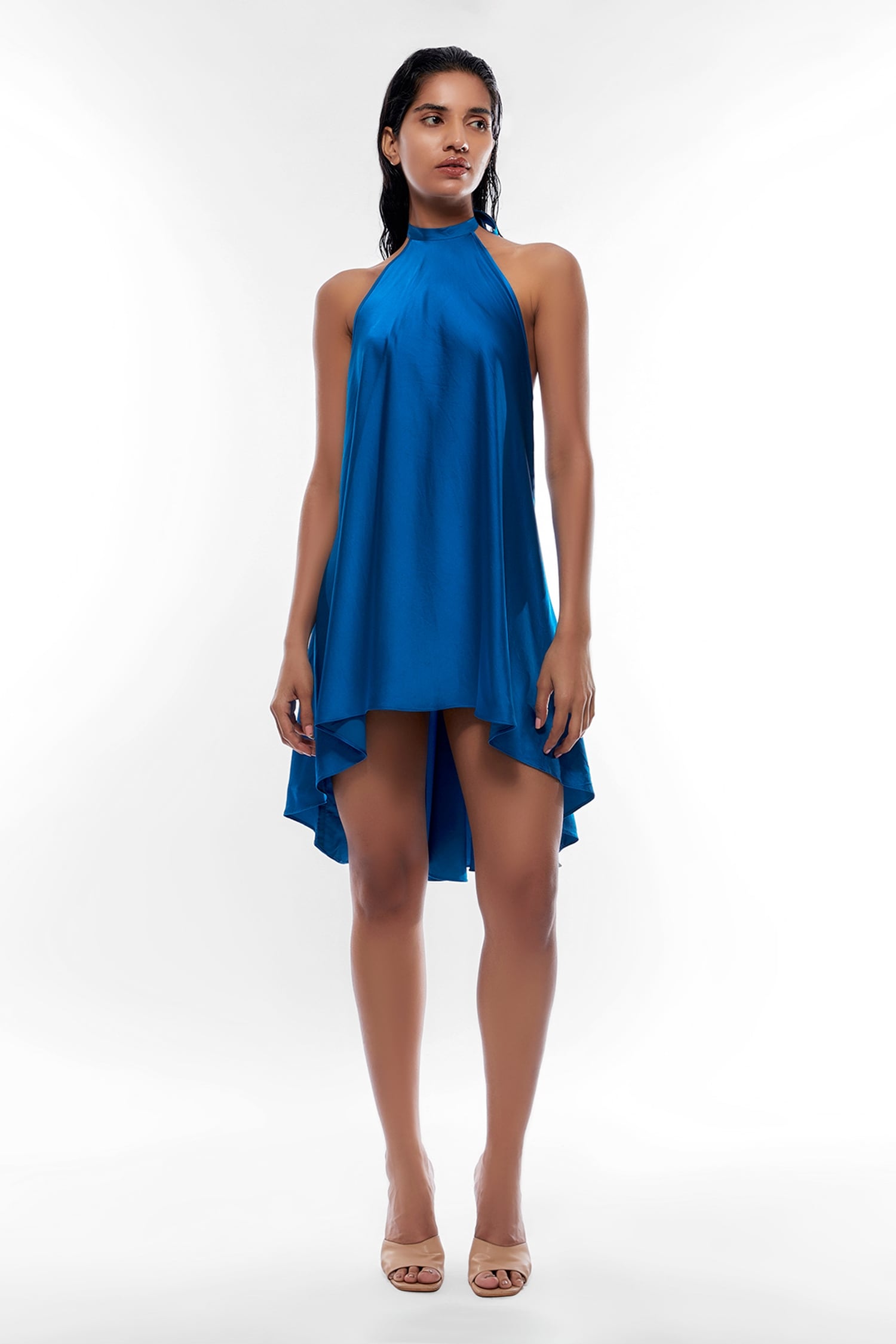 Buy Blue Satin Halter Neck High Low Hem Dress For Women by Deme by