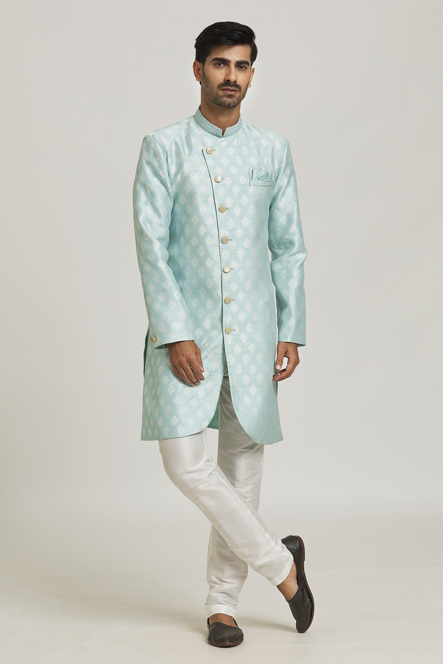 Adara Khan Sky Blue Sherwani: Banarasi Jacquard Woven Floral Curved Hem With Pant For Men