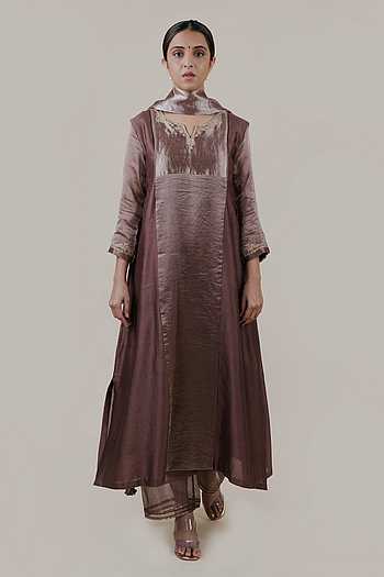 Brown - Leheriya Tie-Dye Chanderi Silk Long Kurta