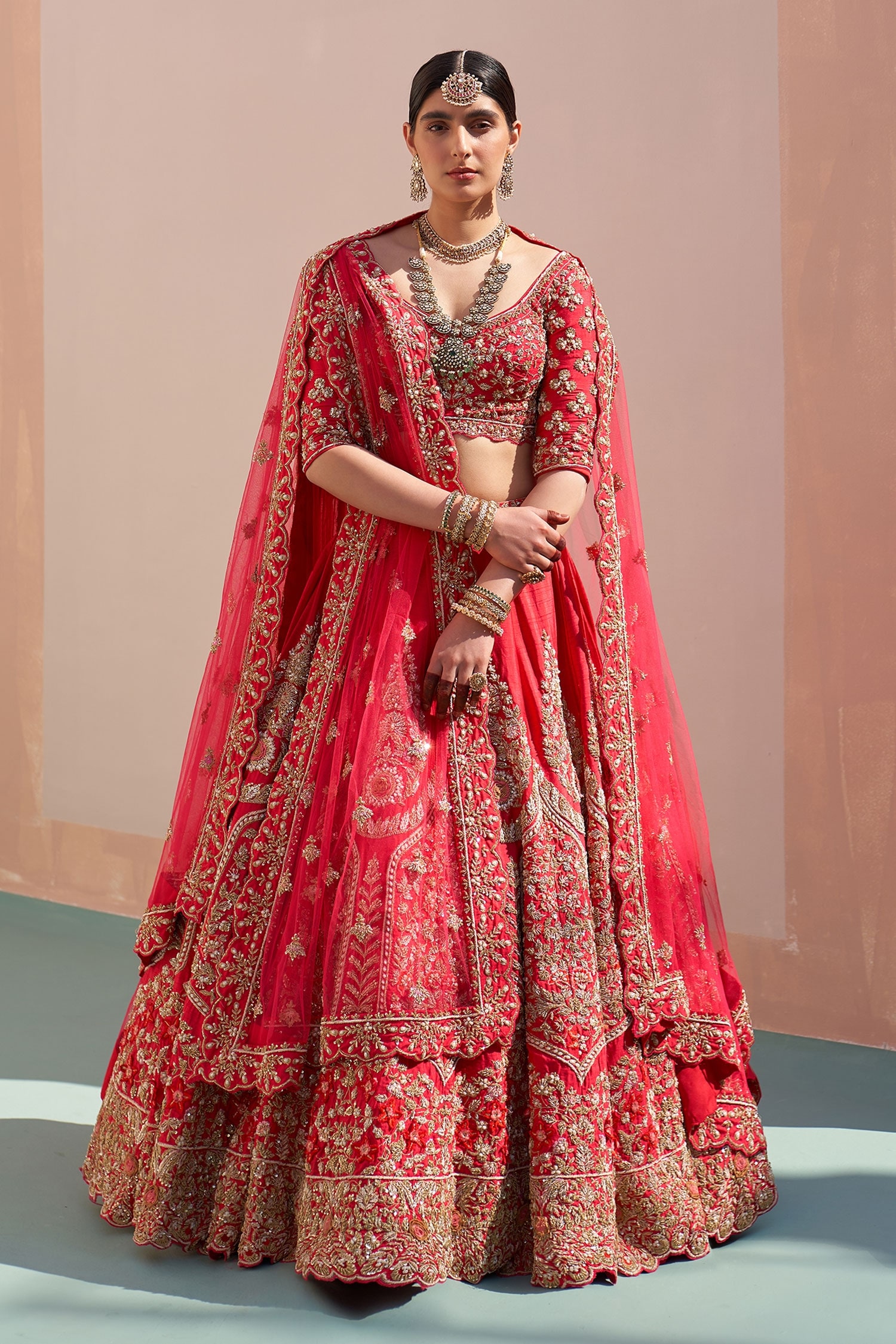 Buy Red Raw Silk Embroidered Zardozi Plunge Neck Bridal Lehenga Set For Women By Angad Singh 9208