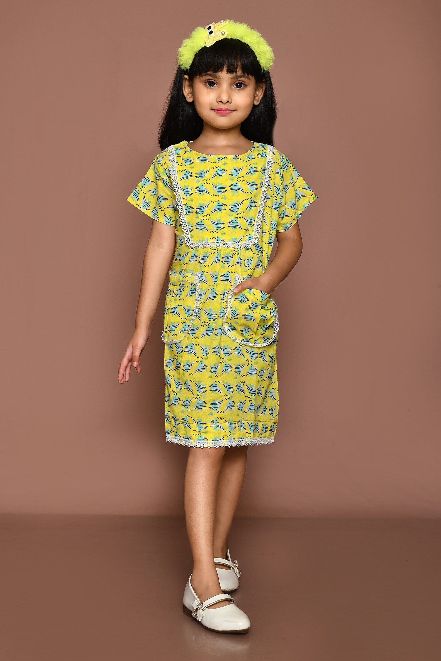 Buy Banana Bee Yellow Fish Print Cotton Dress For Girls Online Aza