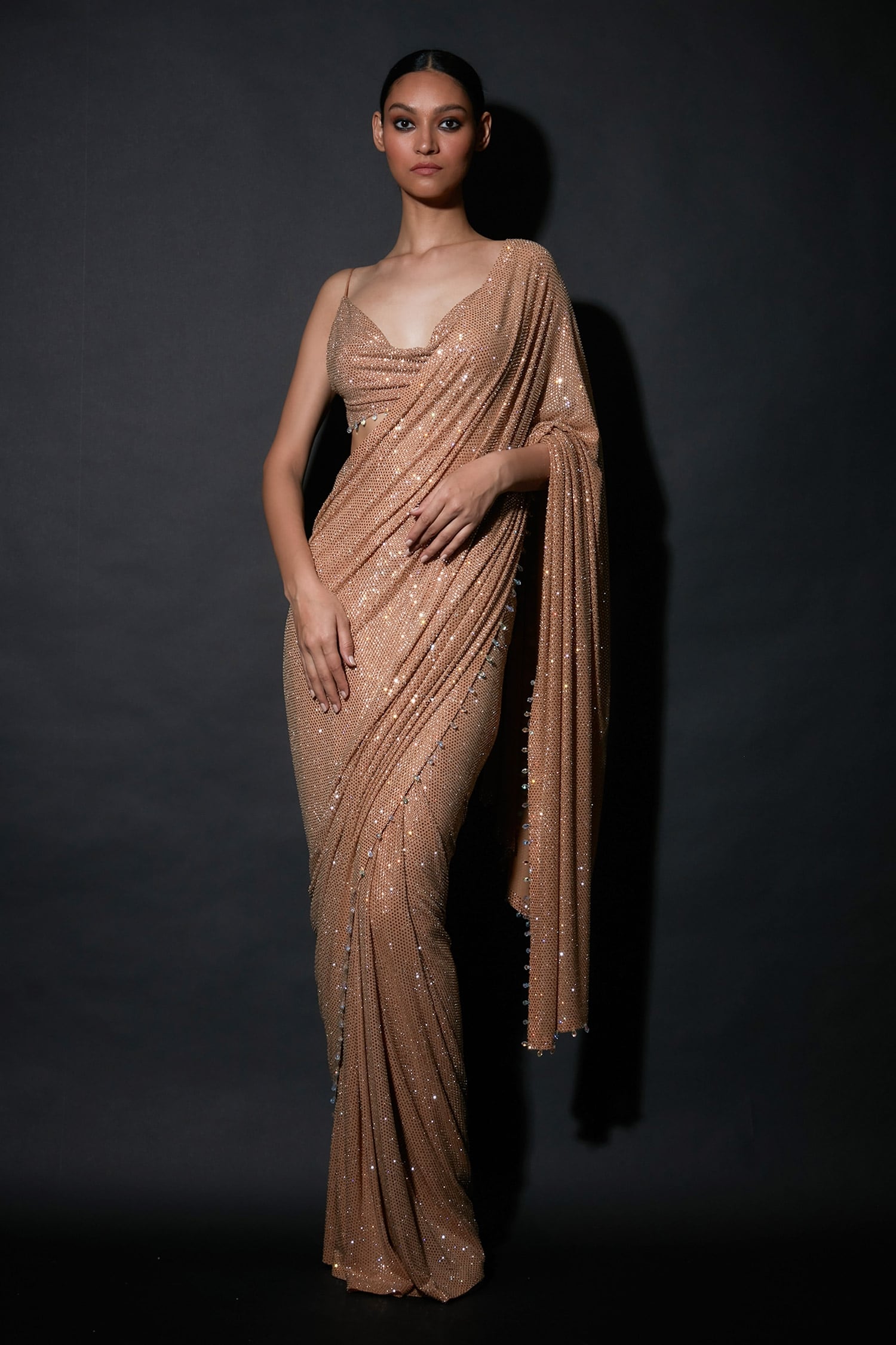 Itrh - Beige Net Embellished Elinora Pre-draped Saree With Backless Blouse  For Women