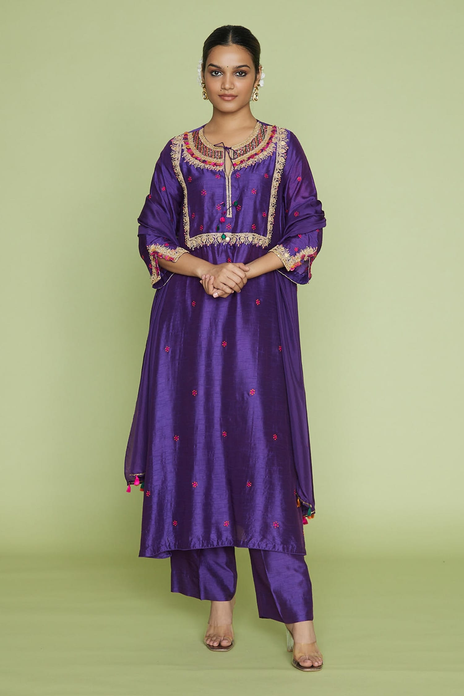Buy Purple Silk Na Round Split Sleeve Kurta And Palazzo Set For Women ...