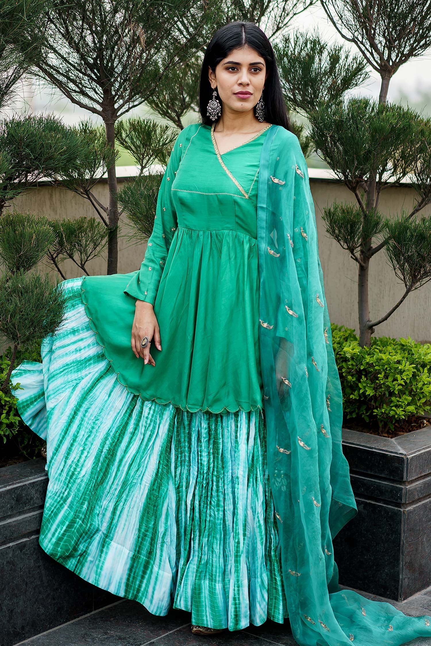 Cupid Cotton Emerald Green Silk Cotton Sleeve Angrakha Kurta Lehenga Set For Women