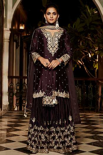 Women Purple Organza Viscose Chanderi Zari Kurta Set