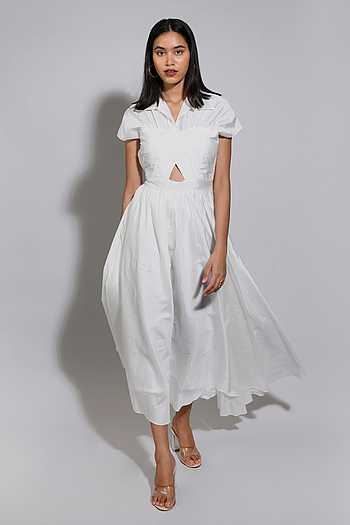 Collard Pleated Shirt Dress in White