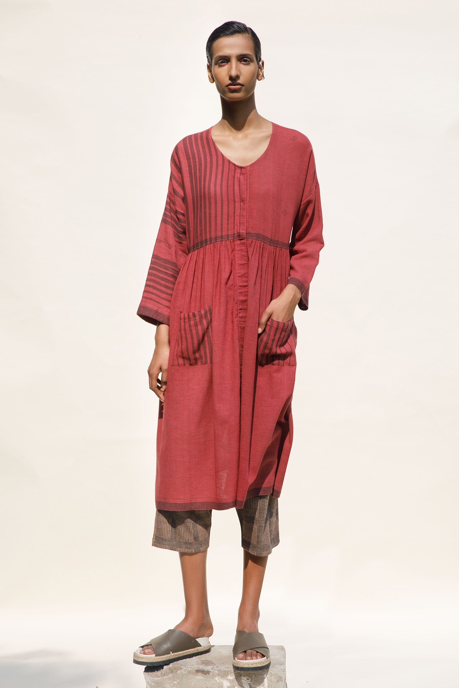 Urvashi Kaur Red Handspun Organic Cotton Misty Stripe Pattern Dress