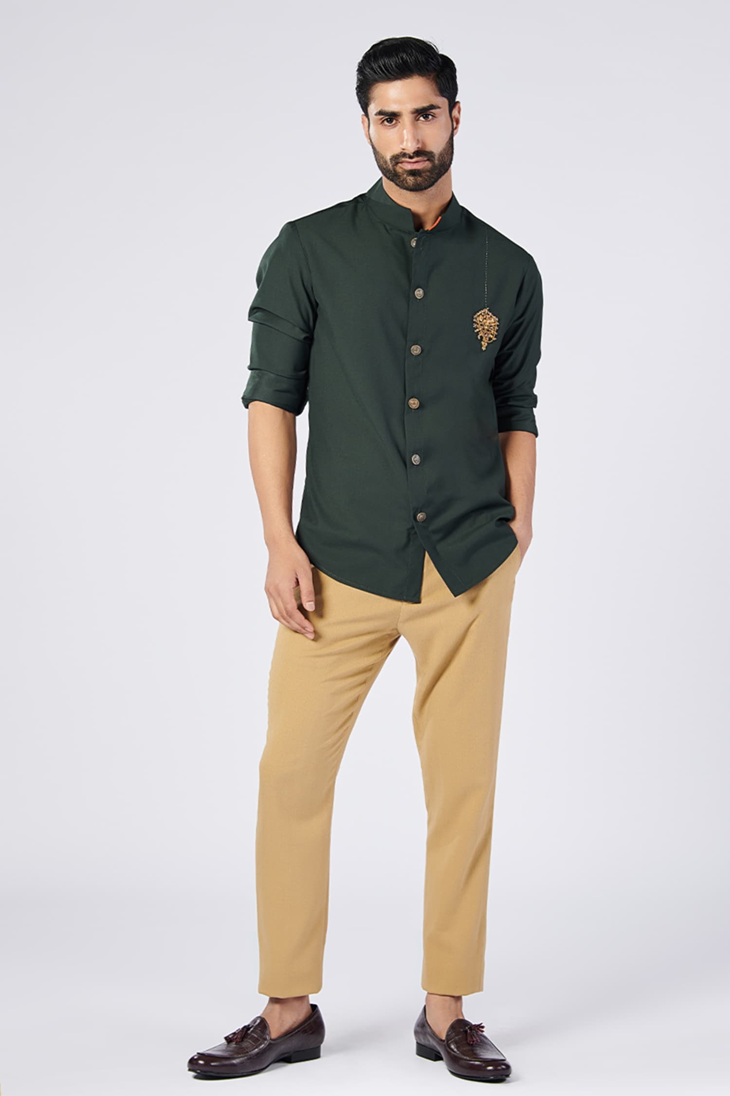 Buy Green Terylene Embroidered Crest Handcrafted Motif Shirt For Men by ...