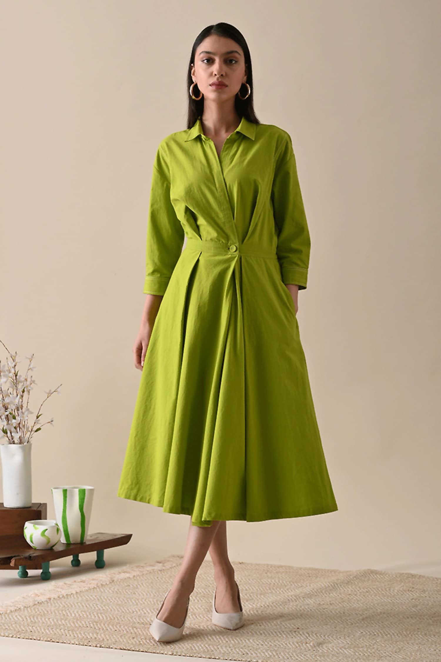 Buy Green Organic Cotton Solid Collared Neck Eleanor Wrap Dress For